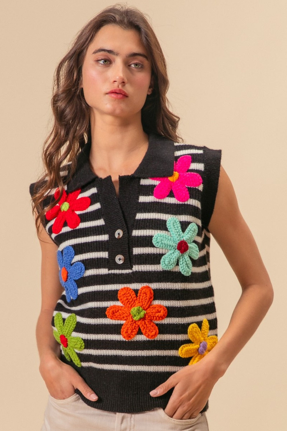 BiBi Flower Patch Striped Half Button Sweater Vest-TOPS / DRESSES-[Adult]-[Female]-2022 Online Blue Zone Planet