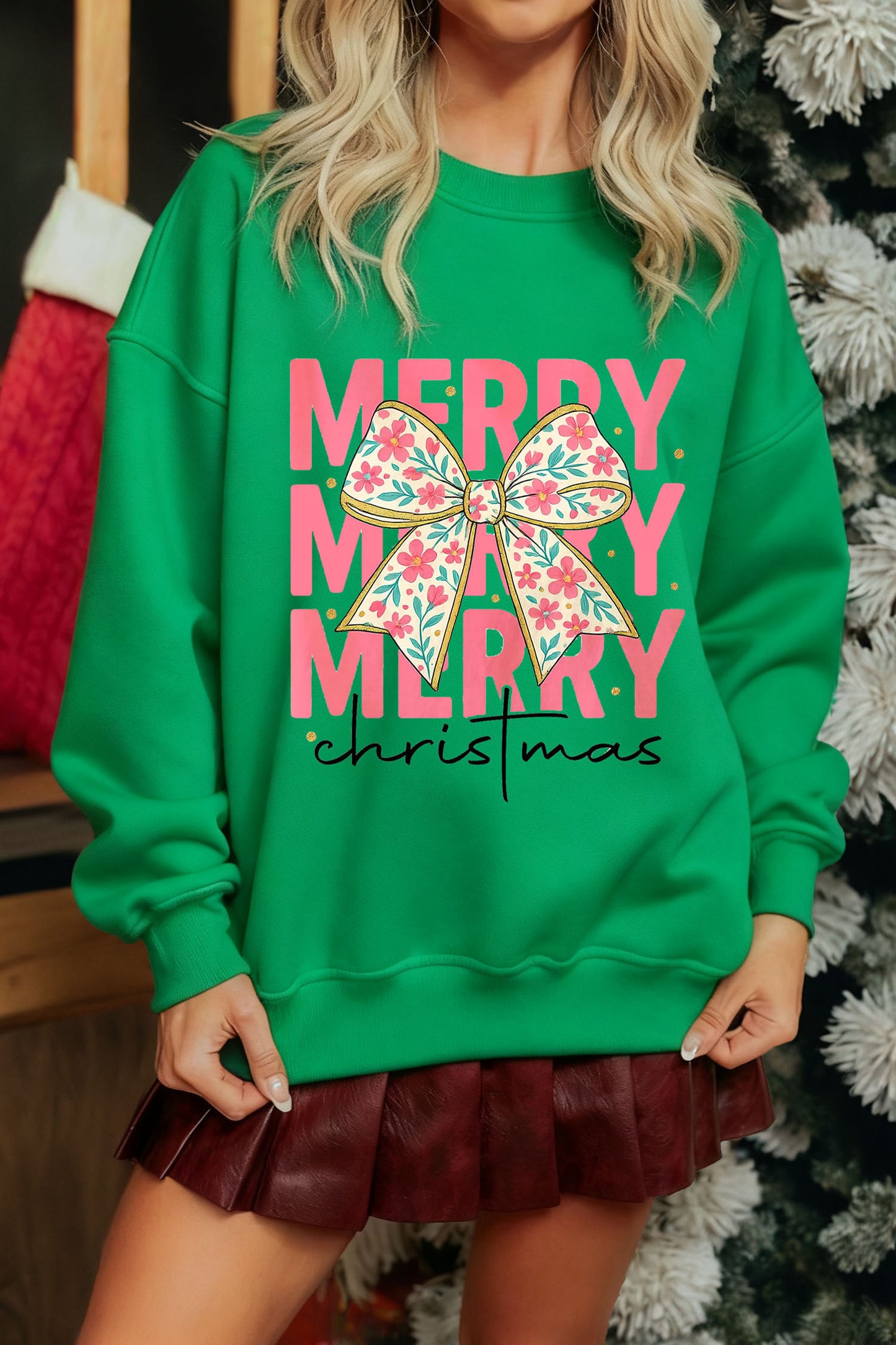 Dark Green MERRY Christmas Floral Bow Graphic Drop Shoulder Sweatshirt-Graphic/Graphic Sweatshirts-[Adult]-[Female]-Dark Green-S-2022 Online Blue Zone Planet