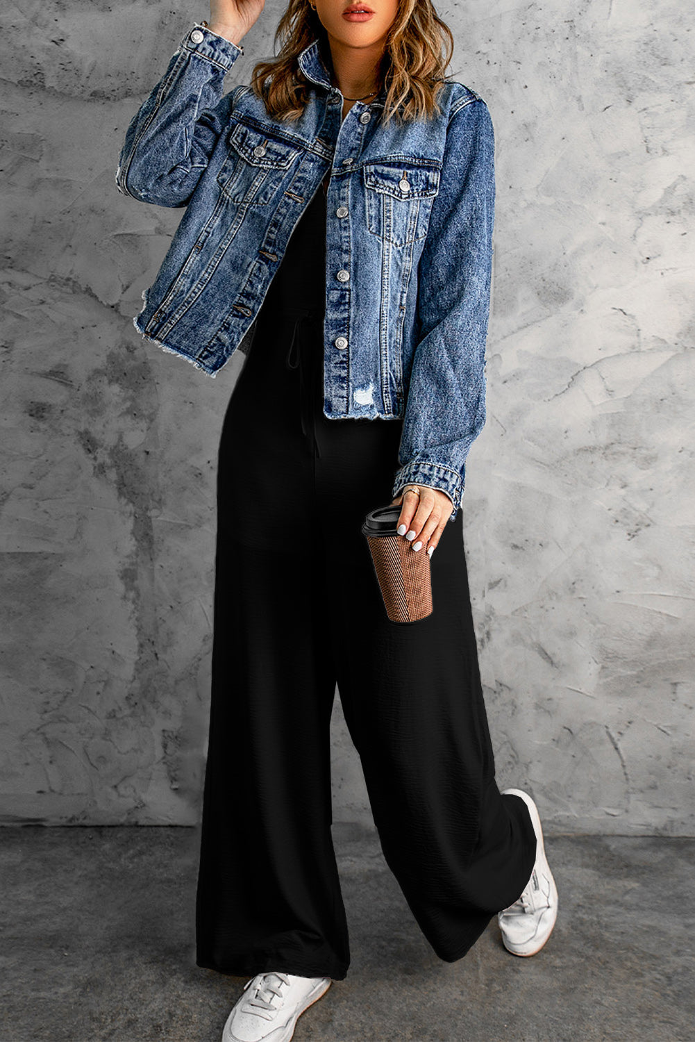 Black Solid Spaghetti Strap Wide Leg Drawstring High Waist Jumpsuit-Bottoms/Jumpsuits & Rompers-[Adult]-[Female]-2022 Online Blue Zone Planet