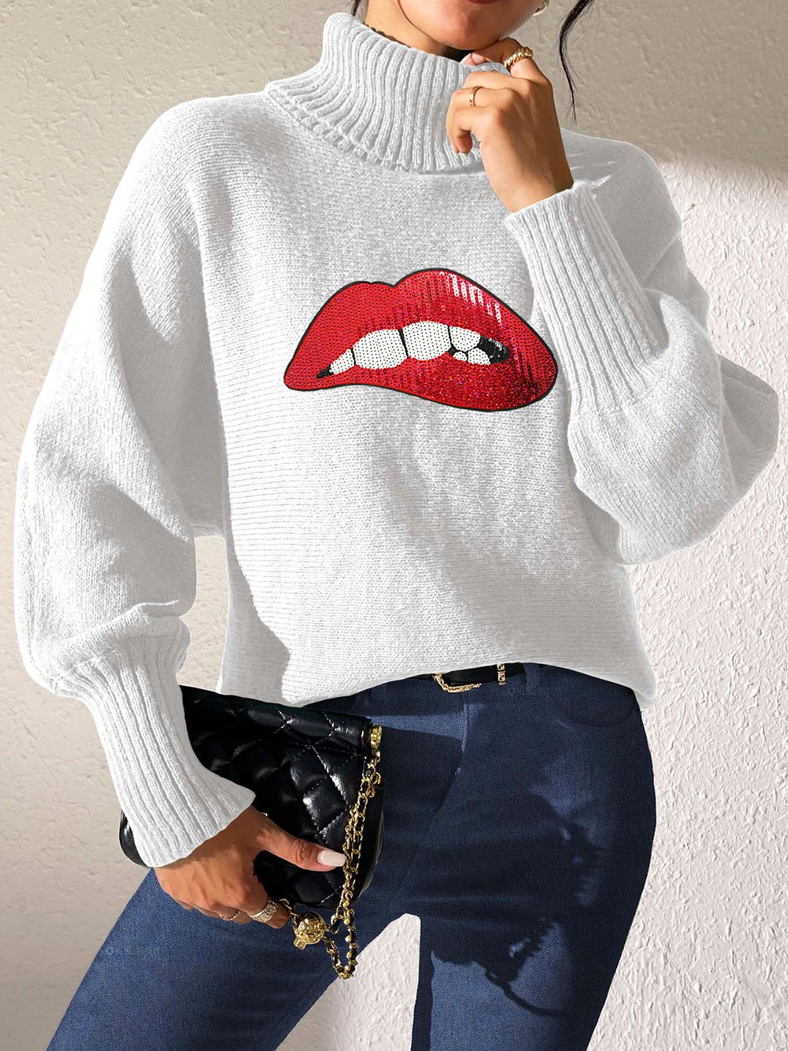 Lip Turtleneck Long Sleeve Sweater-TOPS / DRESSES-[Adult]-[Female]-White-S-2022 Online Blue Zone Planet