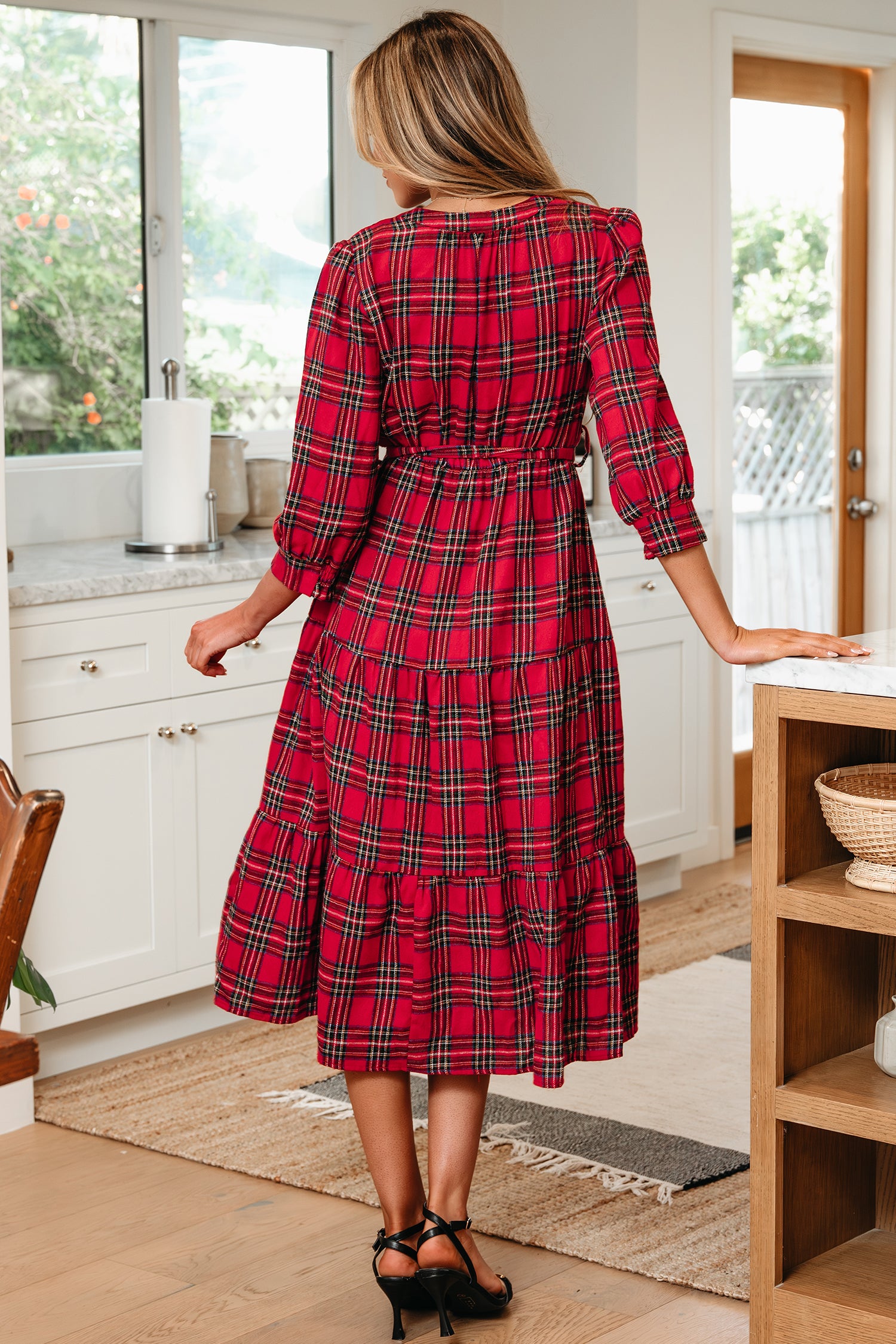Red Christmas Plaid V Neck 3/4 Sleeve Tie Waist Ruffle Hem Long Dress-TOPS / DRESSES-[Adult]-[Female]-2022 Online Blue Zone Planet