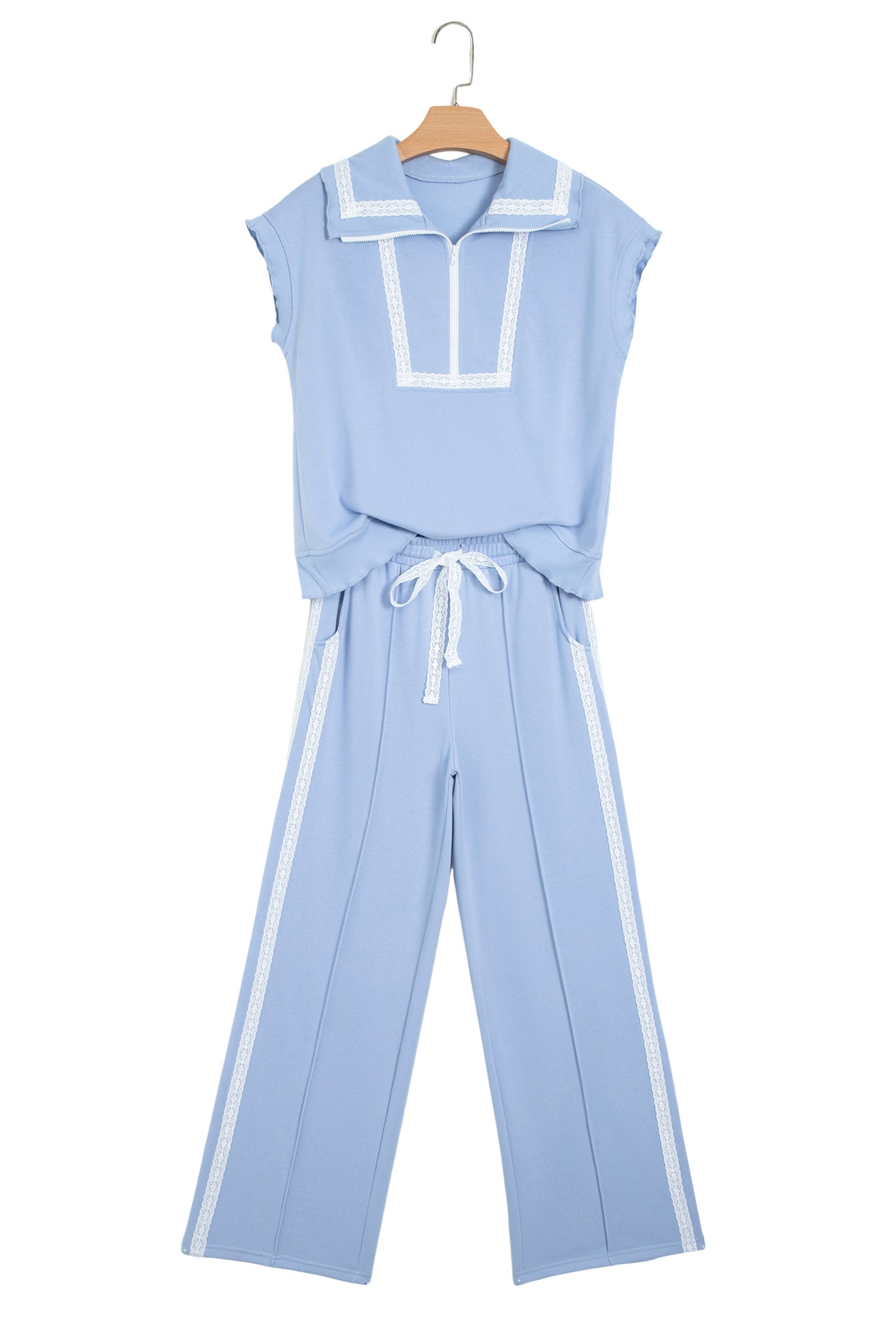 Sky Blue Lace Accent Zipped Collar Short Sleeve Top Sweatpants Set-Two Piece Sets/Pant Sets-[Adult]-[Female]-2022 Online Blue Zone Planet