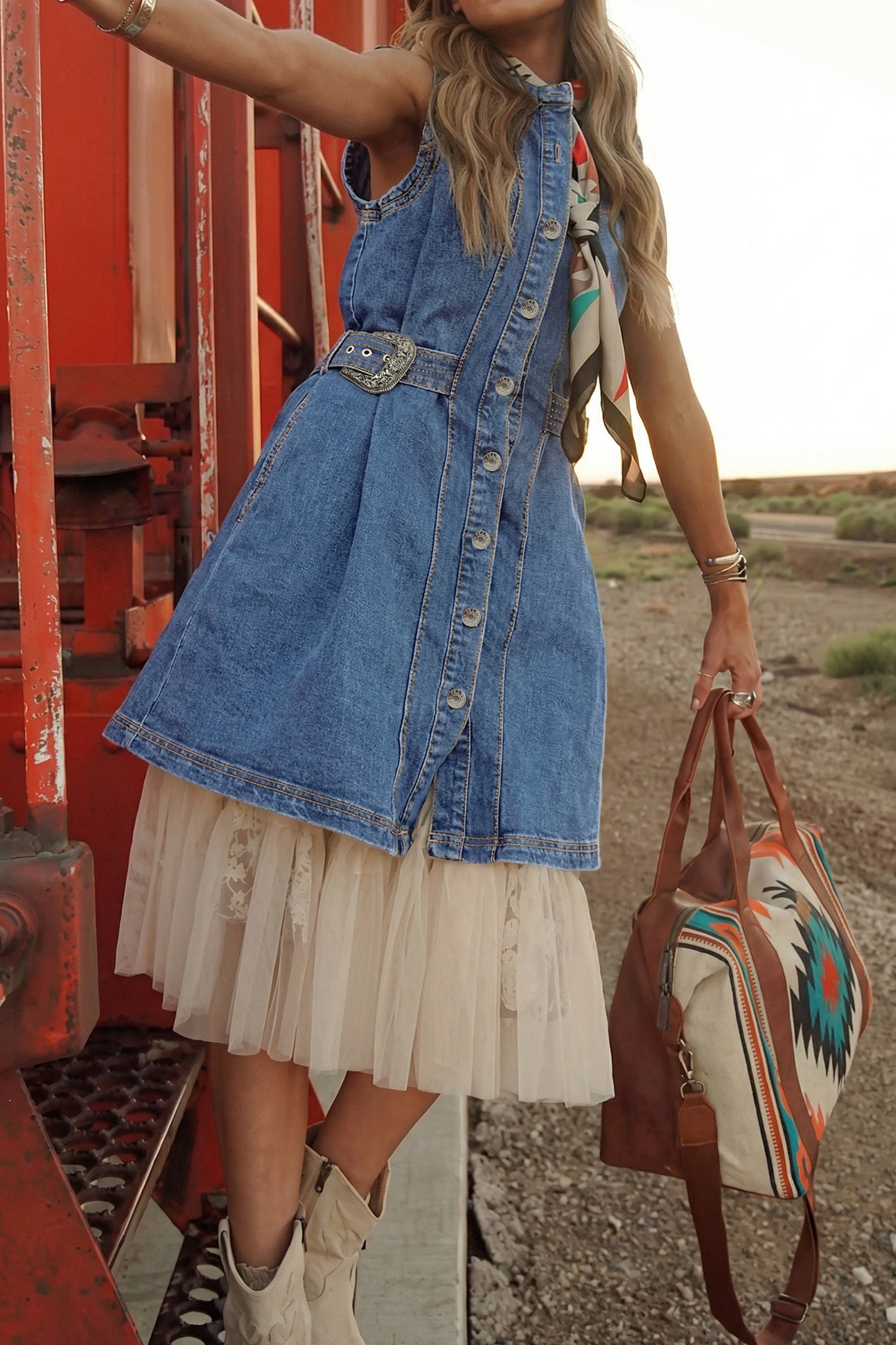 Myosotis Western Belt Button Down Sleeveless Denim Short Dress-Dresses/Mini Dresses-[Adult]-[Female]-2022 Online Blue Zone Planet