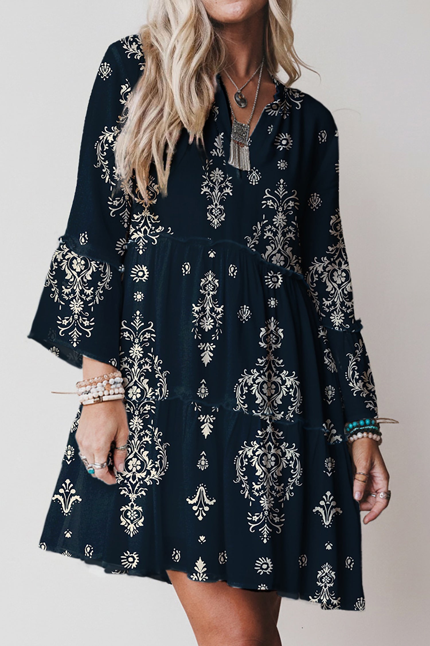 Blue Boho Floral Print Lettuce Trim 3/4 Sleeve Mini Dress-TOPS / DRESSES-[Adult]-[Female]-2022 Online Blue Zone Planet
