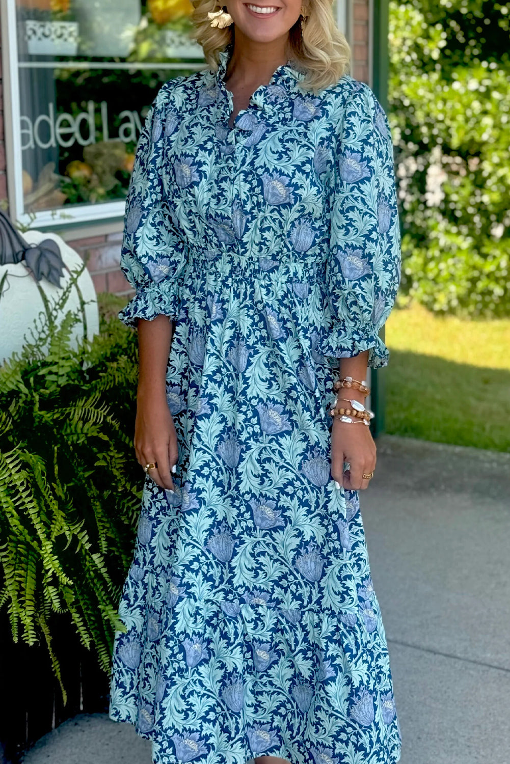 Brown Floral Printed Frilled V Neck Bracelet Sleeve Long Dress-Dresses/Floral Dresses-[Adult]-[Female]-2022 Online Blue Zone Planet