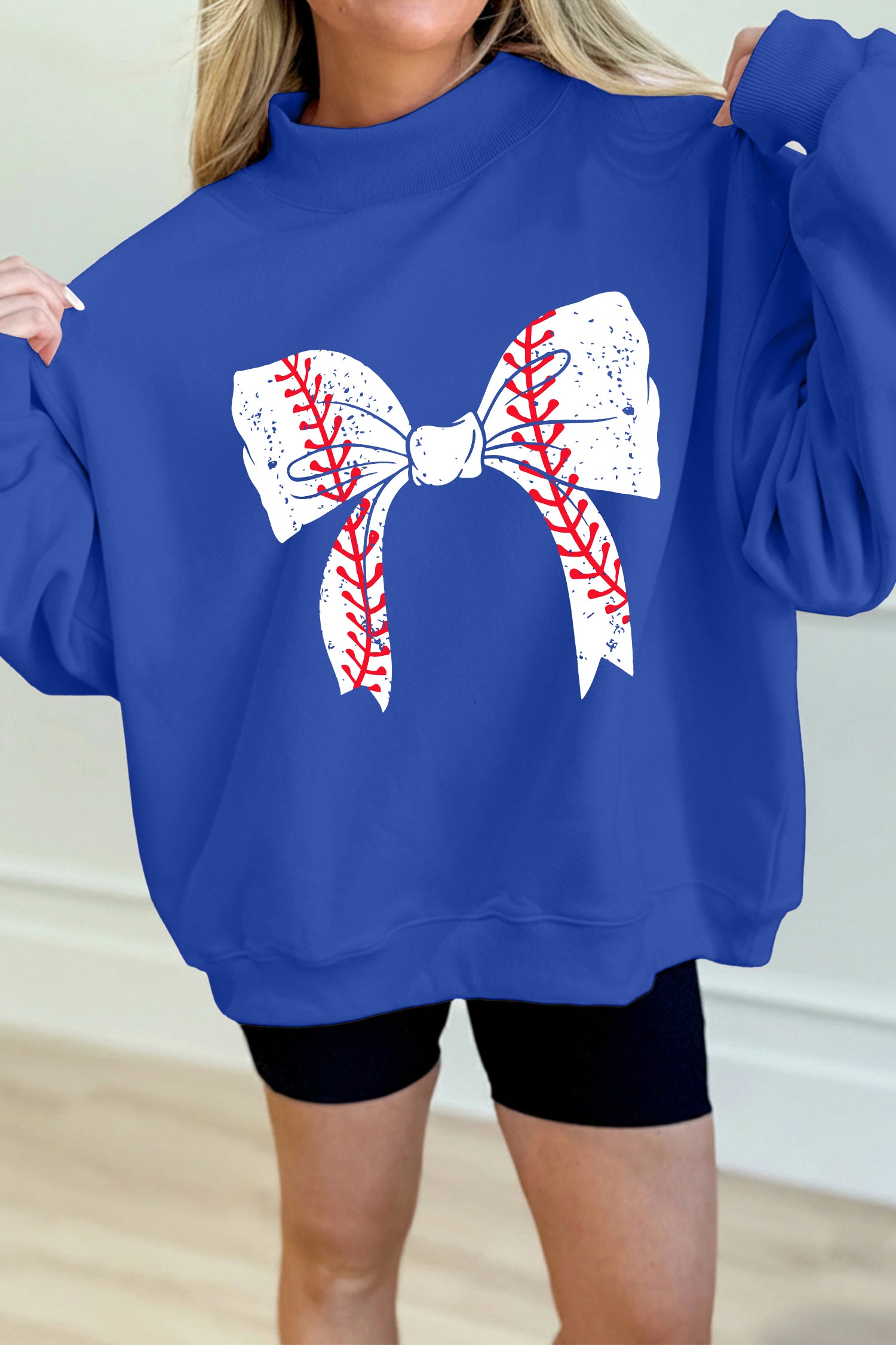 Dark Blue Baseball Large Bow Mock Neck Sweatshirt-Graphic/Graphic Sweatshirts-[Adult]-[Female]-Dark Blue-S-2022 Online Blue Zone Planet