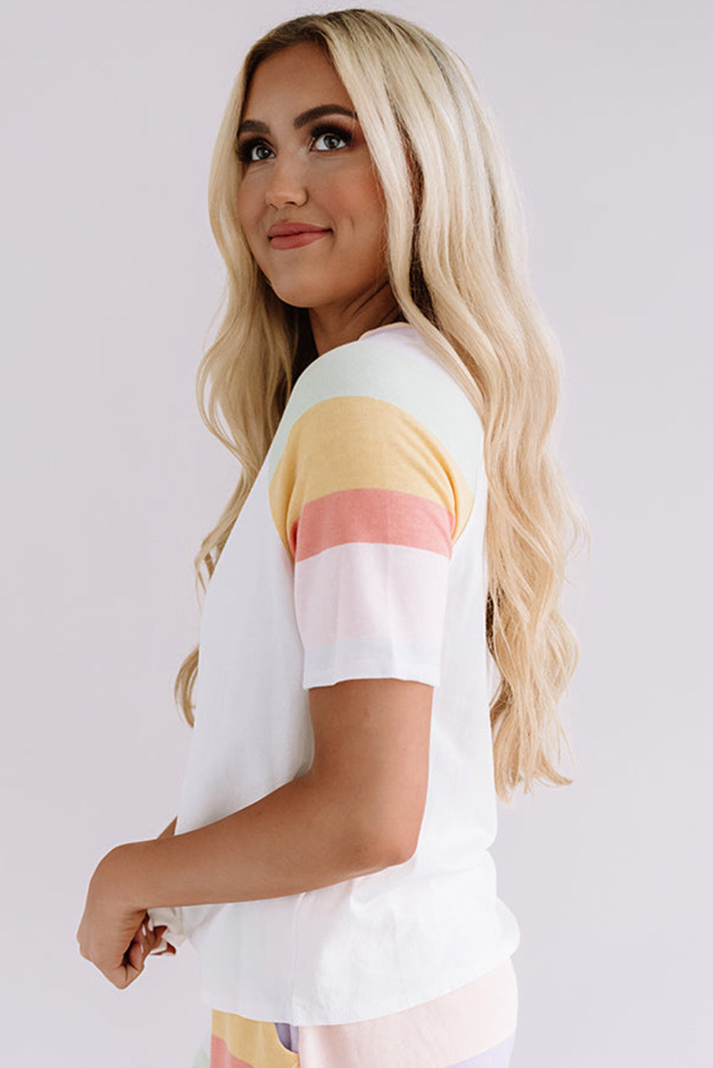 White Rainbow Striped T Shirt and Shorts Set-Two Piece Sets/Short Sets-[Adult]-[Female]-2022 Online Blue Zone Planet