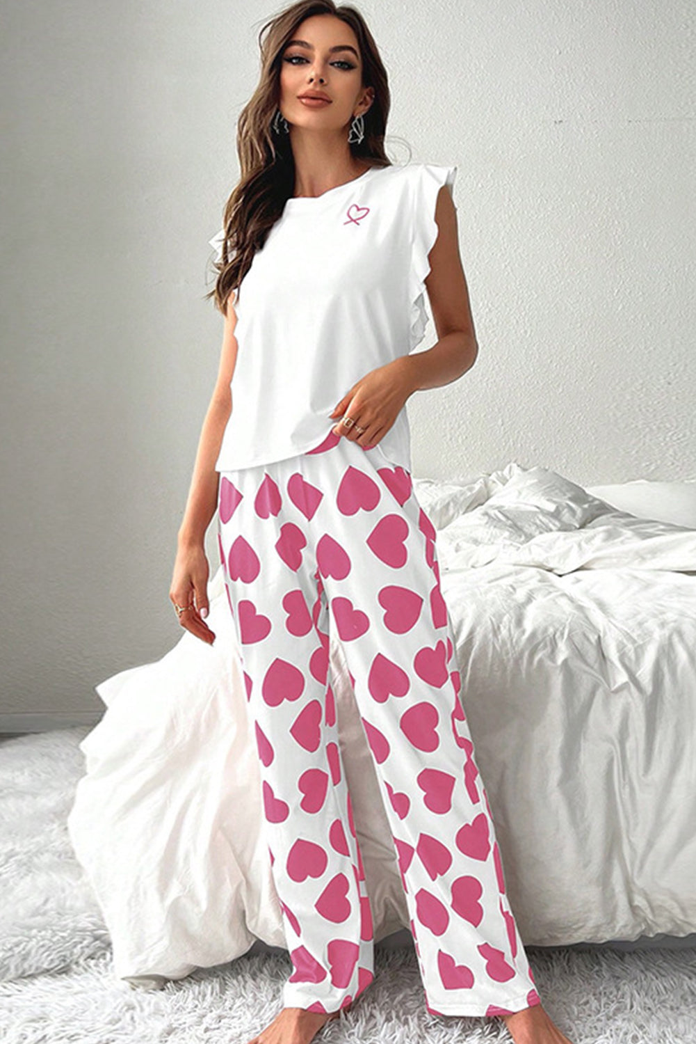 Pink Ruffled Tank Top And Heart Print Pants Lounge Set-Loungewear & Sleepwear/Loungewear-[Adult]-[Female]-2022 Online Blue Zone Planet