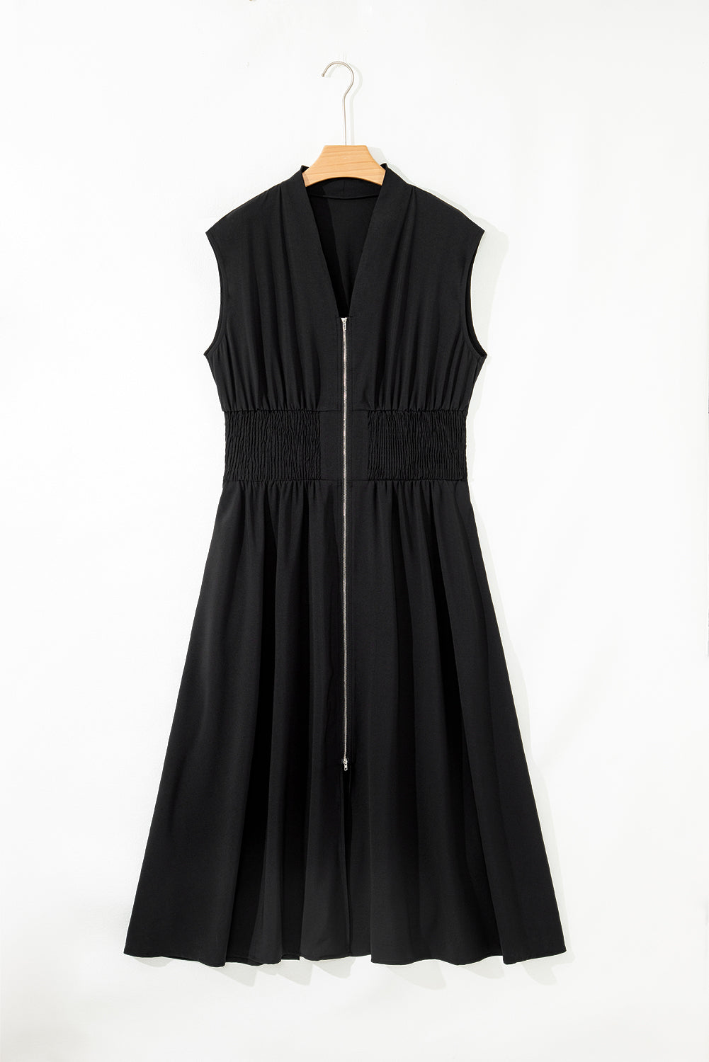 Black Sleeveless Zipped Front V Neck Shirred Waist Maxi Dress-TOPS / DRESSES-[Adult]-[Female]-2022 Online Blue Zone Planet