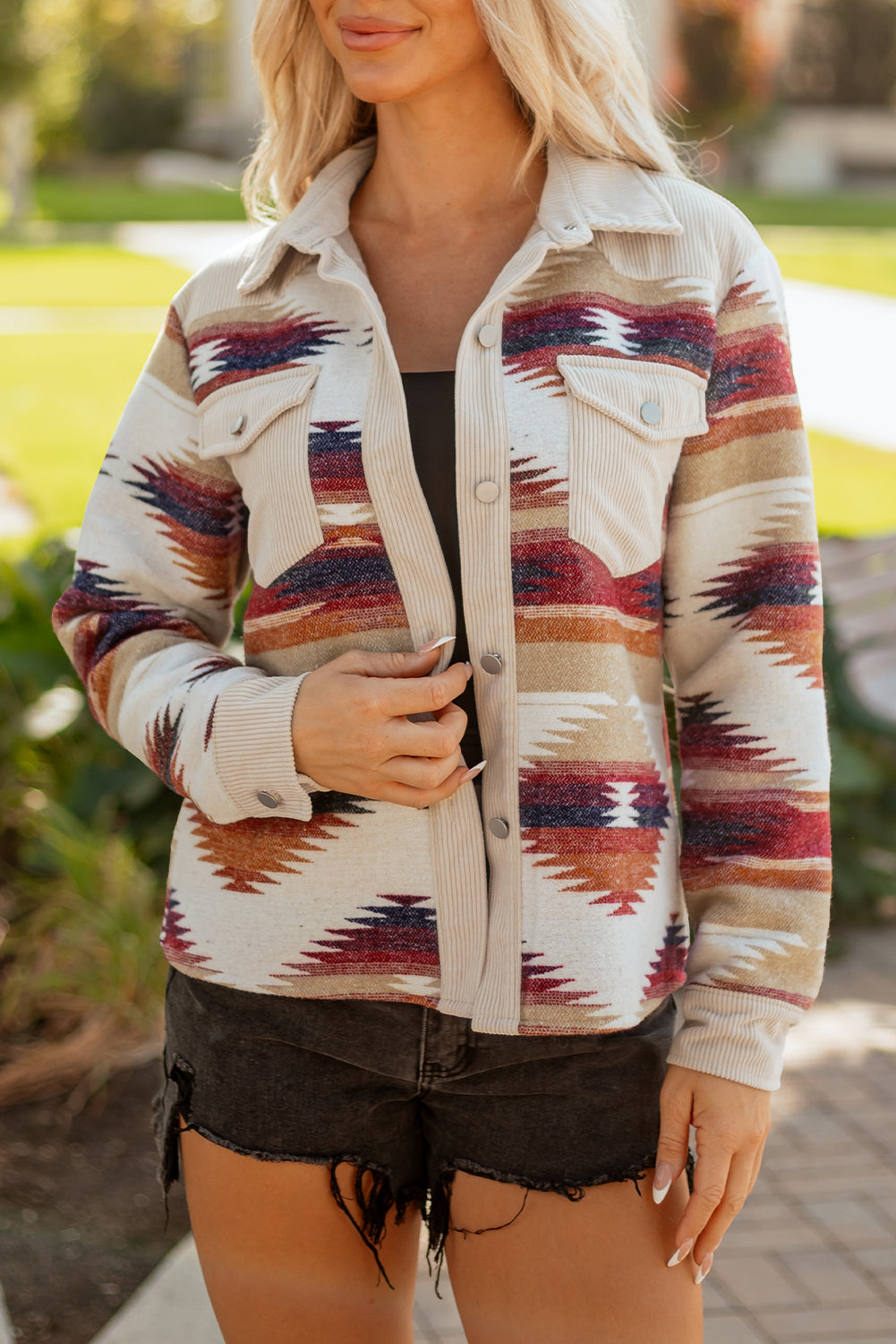 Multicolour Western Aztec Striped Patchwork Double Flap Pocket Raw Hem Shacket-Outerwear/Jackets-[Adult]-[Female]-2022 Online Blue Zone Planet