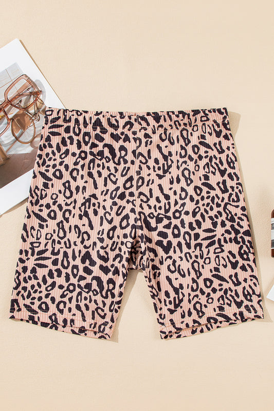 Khaki Leopard Print Ribbed Textured Knit Biker Shorts-Bottoms/Casual Shorts-[Adult]-[Female]-2022 Online Blue Zone Planet