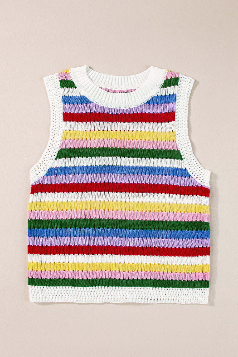 Multicolour Striped Knitted Eyelet Slim Sweater Vest-Sweaters & Cardigans/Sweater Vests-[Adult]-[Female]-2022 Online Blue Zone Planet