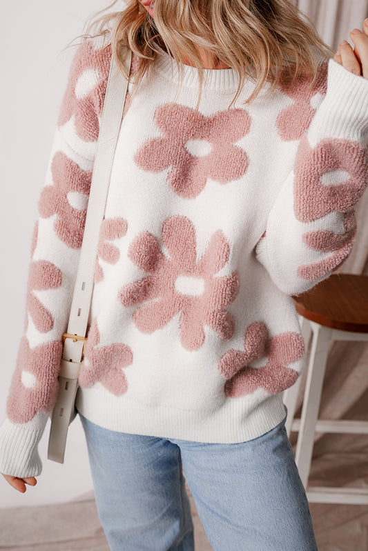 White Textured Flower Drop Shoulder Loose Sweater-Sweaters & Cardigans/Sweaters-[Adult]-[Female]-White-S-2022 Online Blue Zone Planet