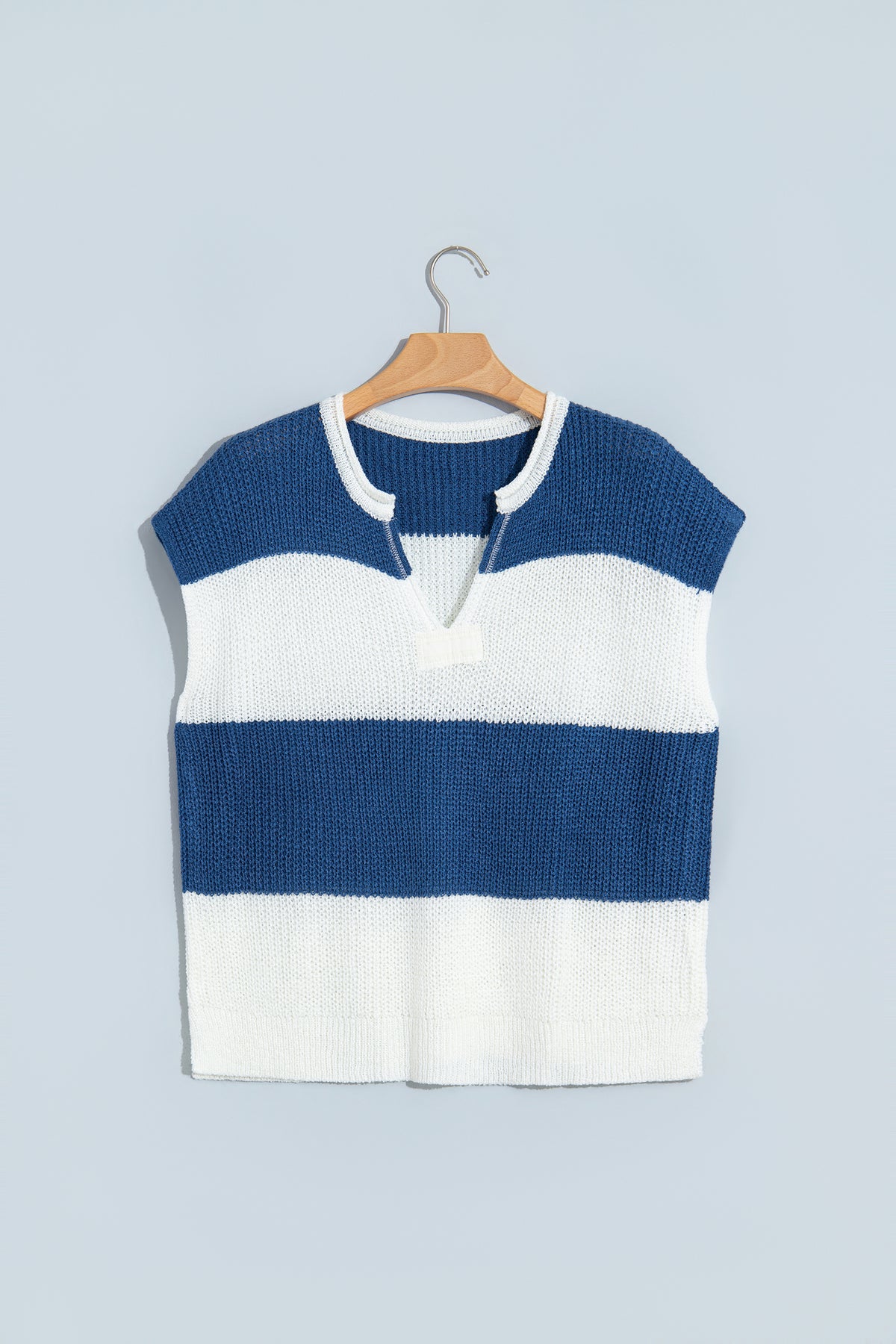Brown Stripe Striped Colorblock Knit V Neck Short Sleeve Loose Sweater-Sweaters & Cardigans/Short Sleeve Sweaters-[Adult]-[Female]-2022 Online Blue Zone Planet