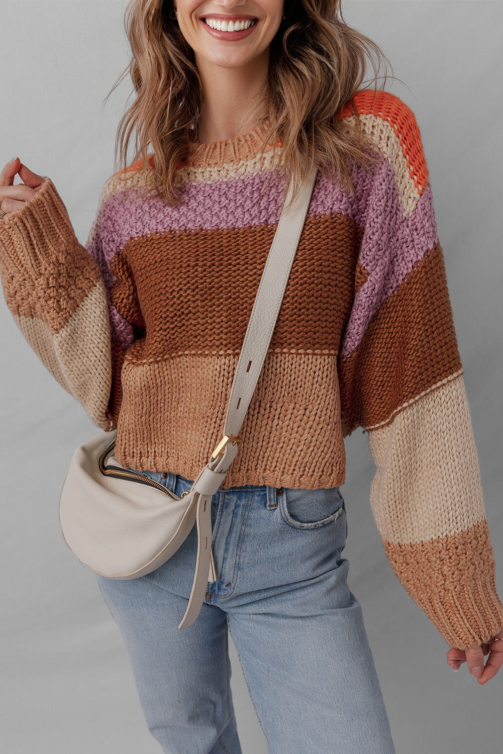 Multicolour Cropped Colorblock Drop Shoulder Knitted Sweater-TOPS / DRESSES-[Adult]-[Female]-2022 Online Blue Zone Planet