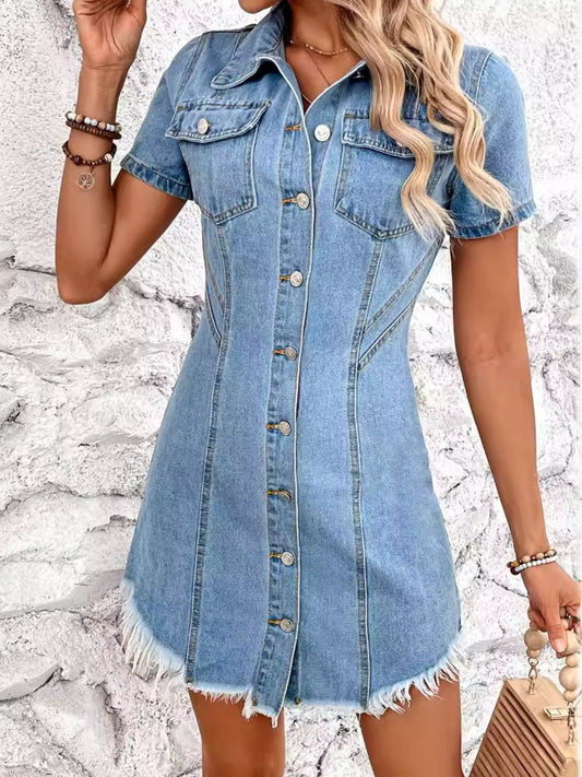 Raw Hem Button Up Short Sleeve Denim Dress-TOPS / DRESSES-[Adult]-[Female]-Light-XS-2022 Online Blue Zone Planet