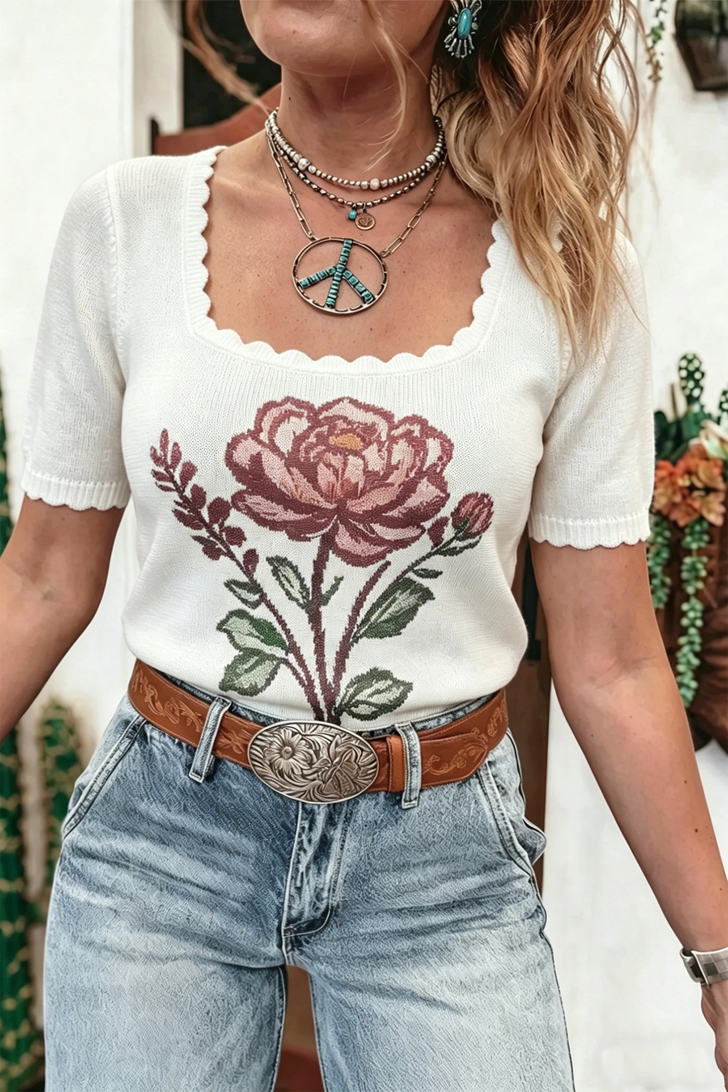 White Western Floral Print Short Sleeve Square Collar Knit Sweater-TOPS / DRESSES-[Adult]-[Female]-2022 Online Blue Zone Planet
