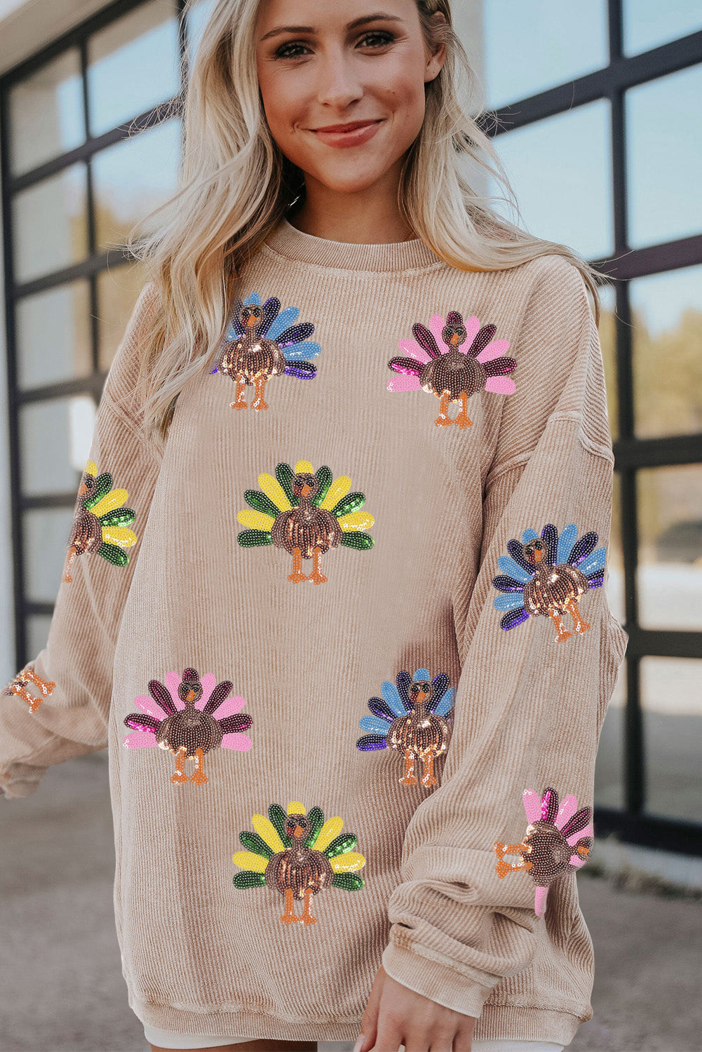 Apricot Turkey Graphic Corded Baggy Sweatshirt-Graphic/Graphic Sweatshirts-[Adult]-[Female]-2022 Online Blue Zone Planet