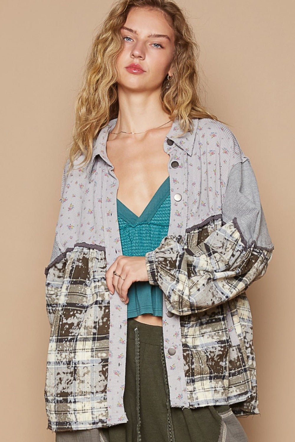 Blue Zone Planet | POL Balloon Sleeve Floral Color Block Plaid Shirt-TOPS / DRESSES-[Adult]-[Female]-Brown/Grey-S-2022 Online Blue Zone Planet