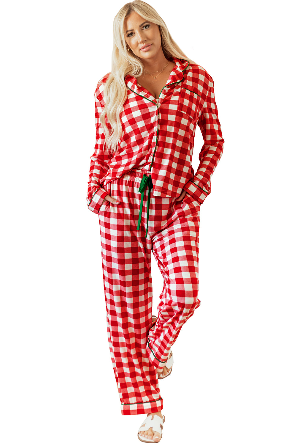 Blue Zone Planet | Fiery Red Christmas Plaid Print Shirt and Pants Pajama Set-Loungewear & Sleepwear/Sleepwear-[Adult]-[Female]-2022 Online Blue Zone Planet