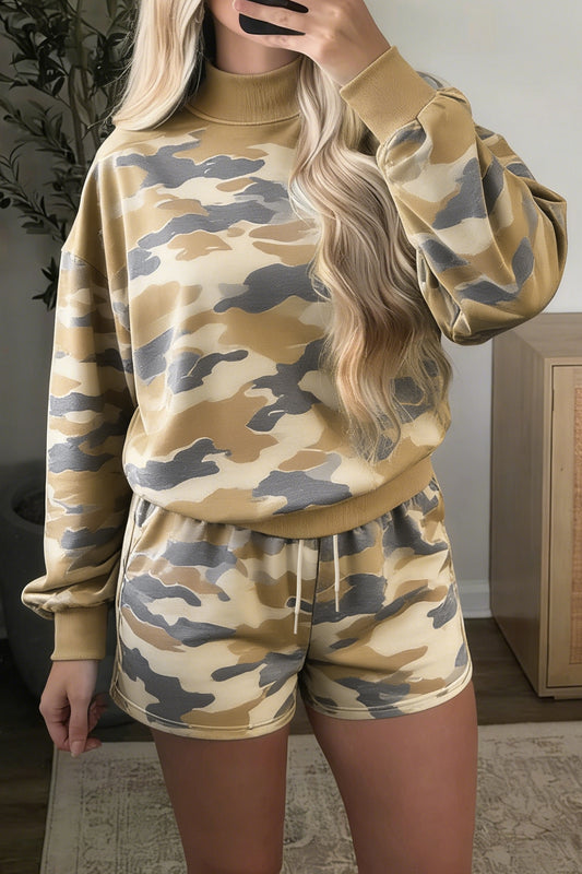 Multicolour Camouflage Print Long Sleeve Top Drawstring Shorts Set-Two Piece Sets/Short Sets-[Adult]-[Female]-Multicolour-S-2022 Online Blue Zone Planet