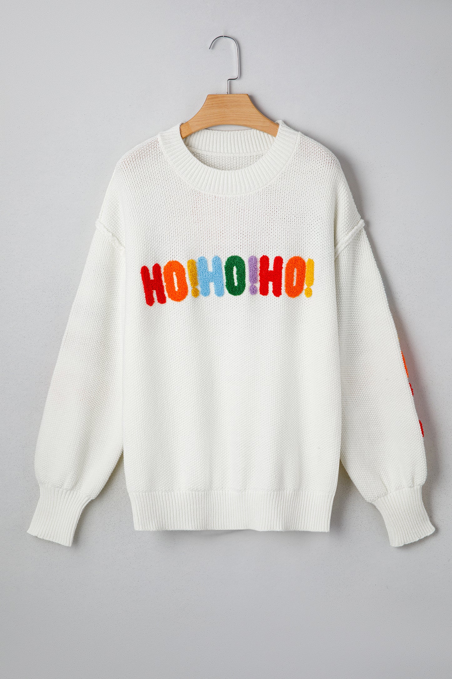 White HOHOHO MERRY CHRISTMAS Chenille Graphic Drop Shoulder Holiday Sweater-TOPS / DRESSES-[Adult]-[Female]-2022 Online Blue Zone Planet