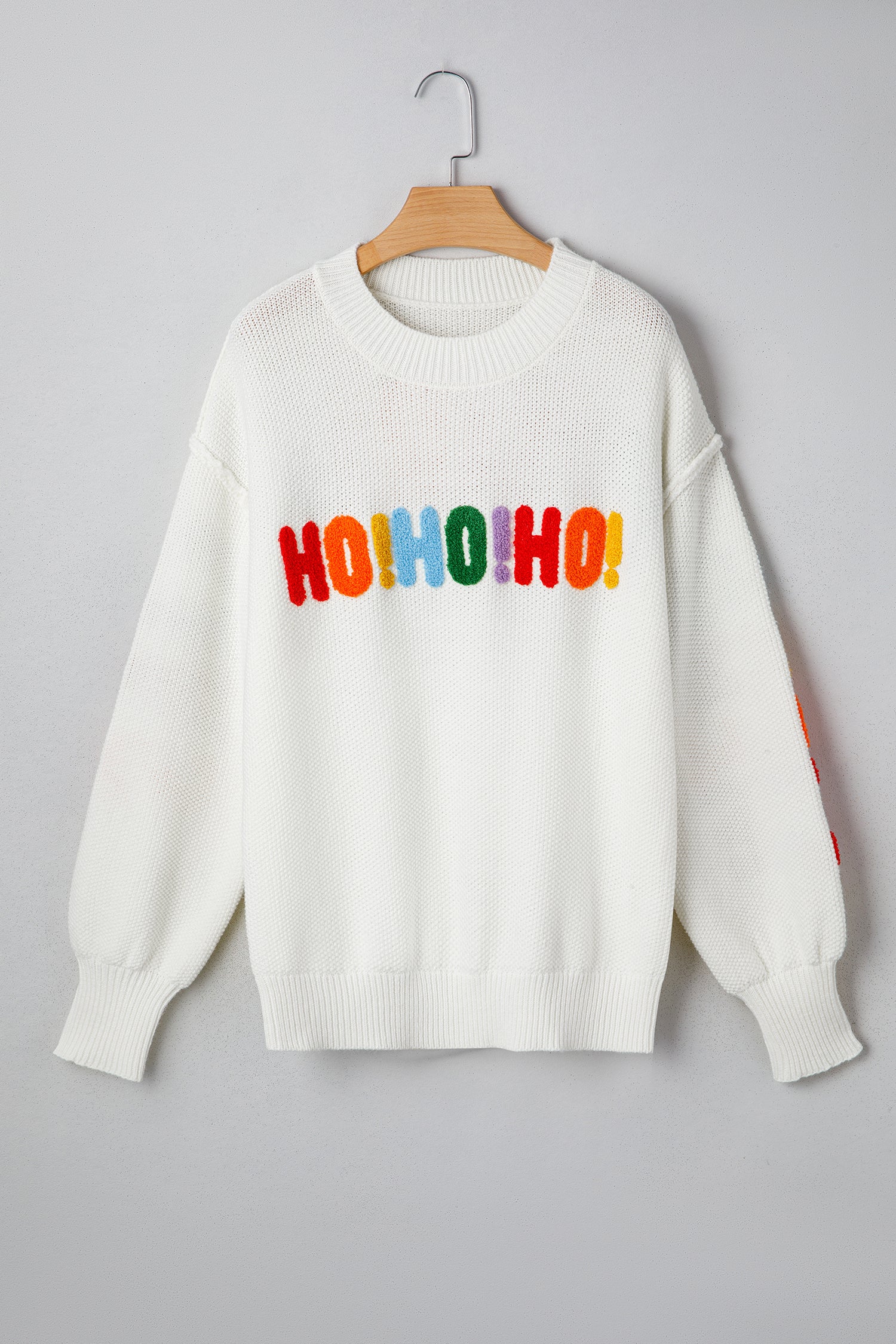 White HOHOHO MERRY CHRISTMAS Chenille Graphic Drop Shoulder Holiday Sweater-TOPS / DRESSES-[Adult]-[Female]-2022 Online Blue Zone Planet