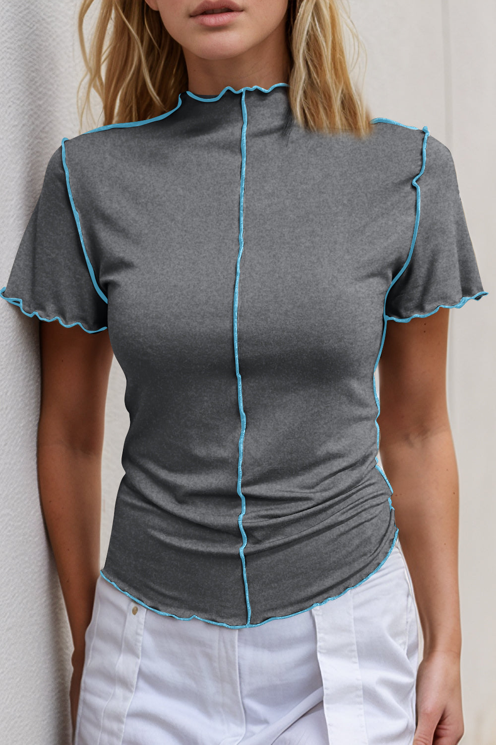 Basic Bae Contrast Trim Mock Neck Short Sleeve T-Shirt-TOPS / DRESSES-[Adult]-[Female]-Dark Gray-S-2022 Online Blue Zone Planet