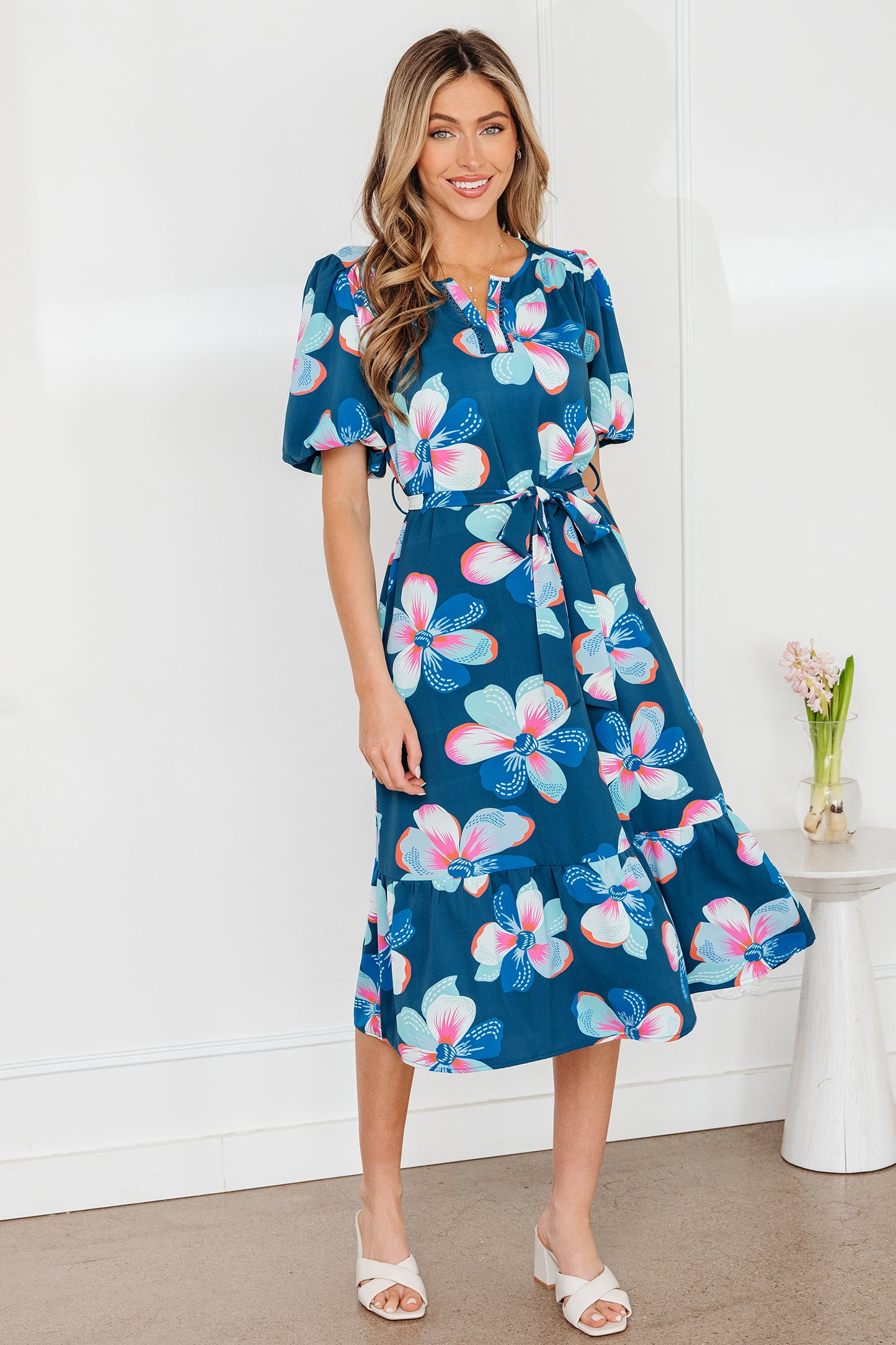 Blue Floral Print Short Puff Sleeve Ruffle Hem Belted Long Dress-TOPS / DRESSES-[Adult]-[Female]-2022 Online Blue Zone Planet