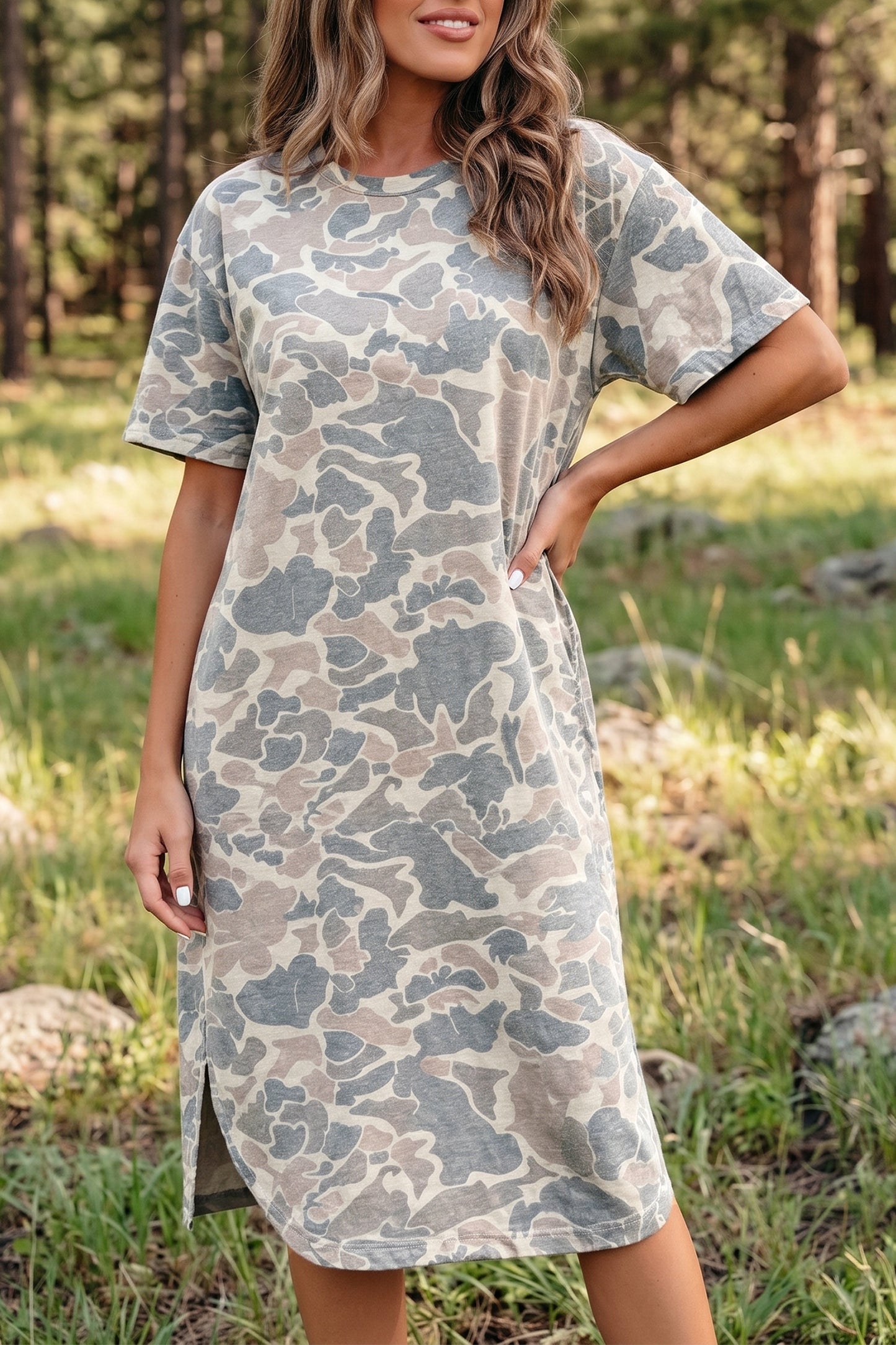 Multicolour Camouflage Print Short Sleeve Drop Shoulder Side Slit Casual Dress-TOPS / DRESSES-[Adult]-[Female]-2022 Online Blue Zone Planet