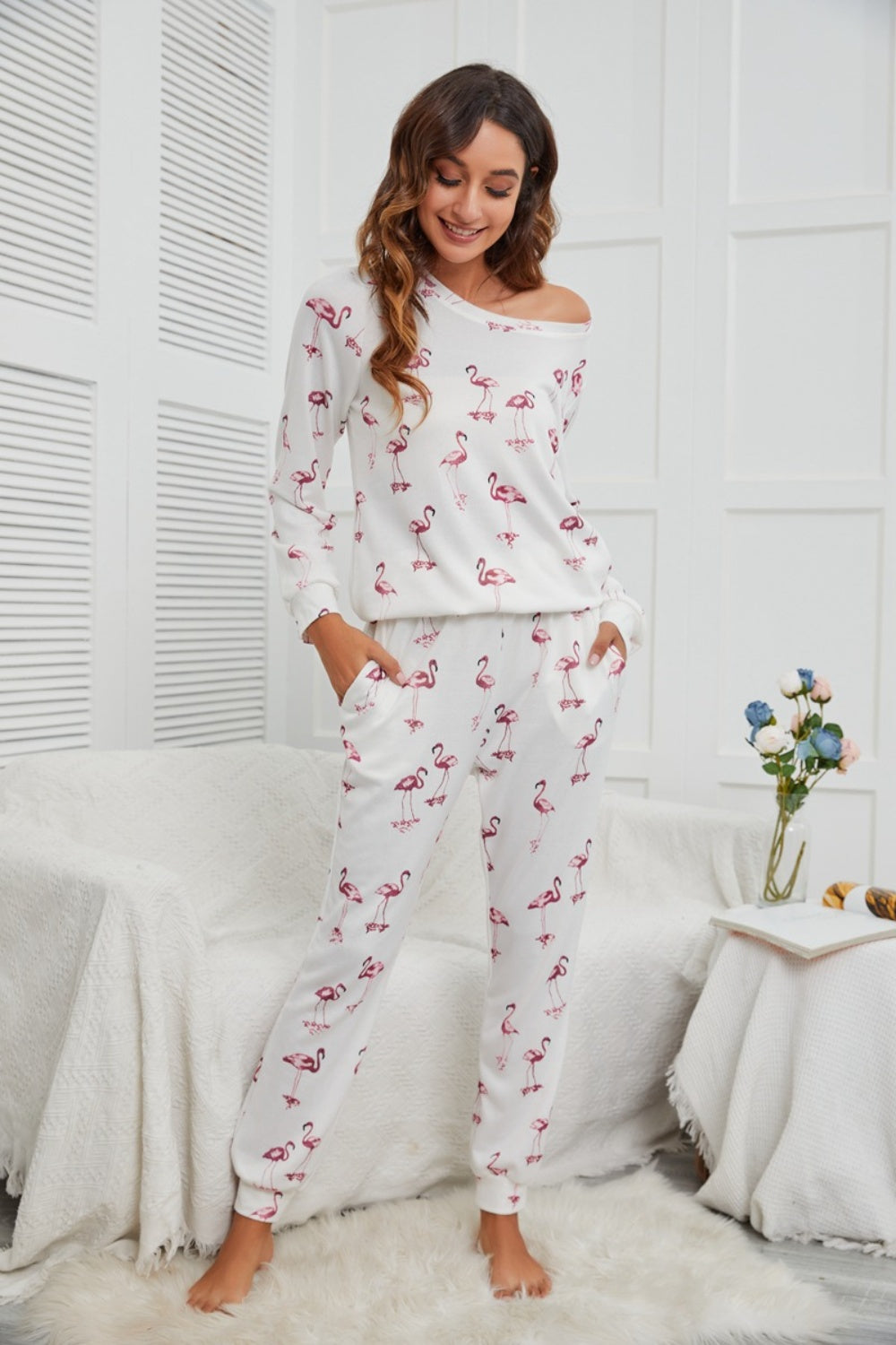 Blue Zone Planet | Flamingo Long Sleeve Top and Pants Lounge Set-TOPS / DRESSES-[Adult]-[Female]-2022 Online Blue Zone Planet