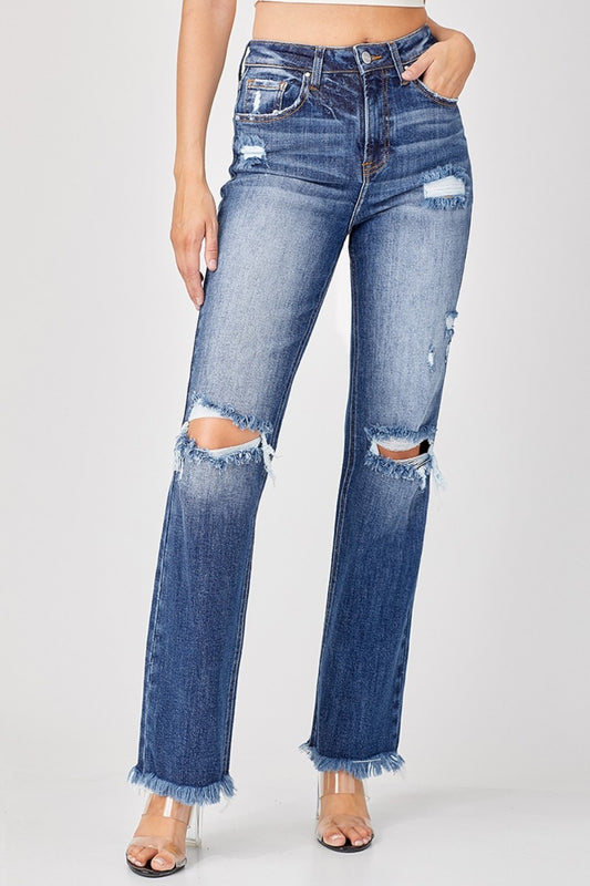 Blue Zone Planet | Risen Full Size Raw Hem Distressed Straight Jeans-TOPS / DRESSES-[Adult]-[Female]-Deep Blue-0(24)-2022 Online Blue Zone Planet