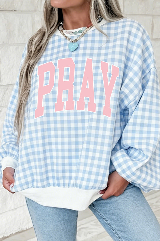Light Blue PRAY Slogan Graphic Pullover Sweatshirt-Graphic/Graphic Sweatshirts-[Adult]-[Female]-Light Blue-S-2022 Online Blue Zone Planet
