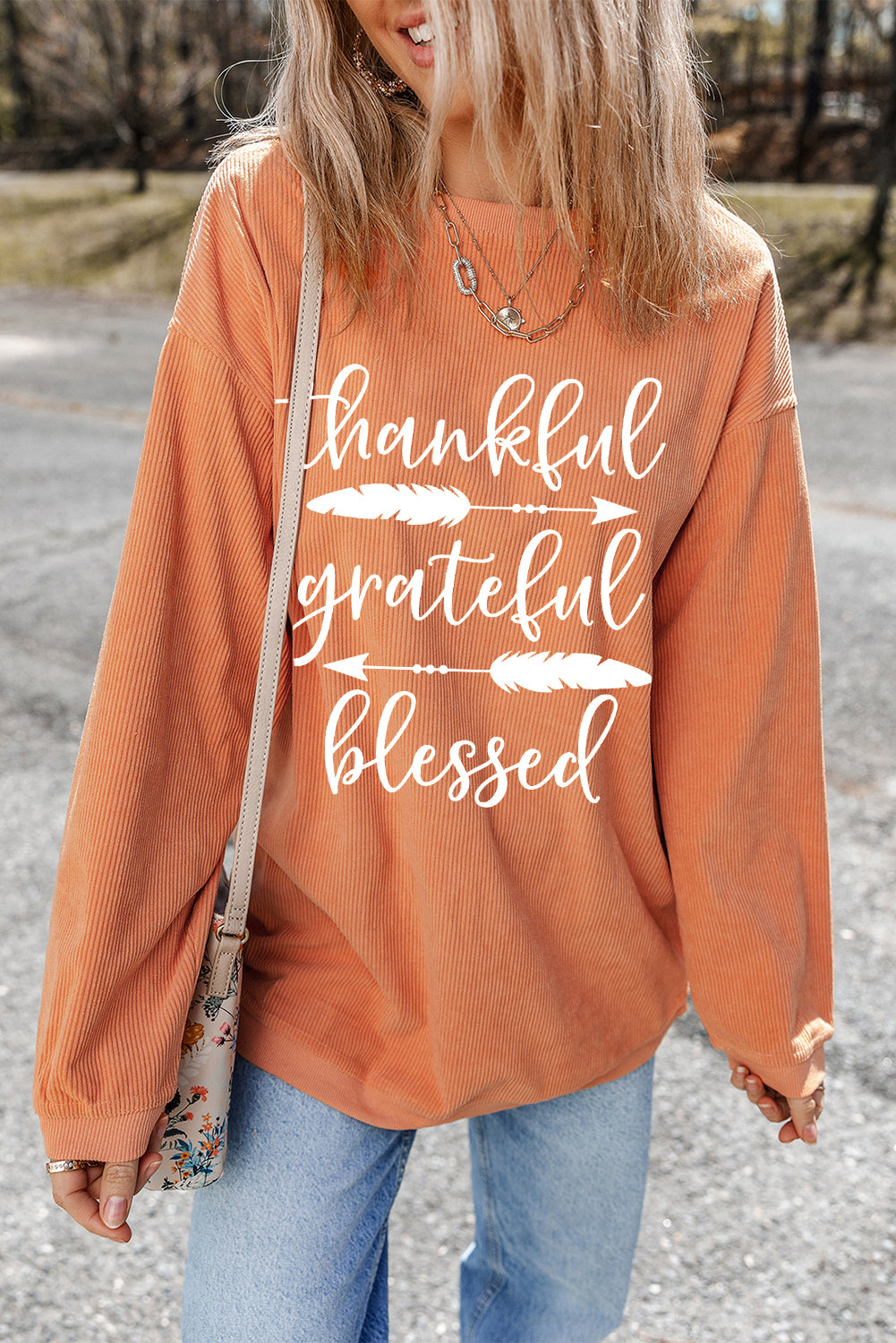 Orange thankful grateful blessed Arrow Graphic Corded Sweatshirt-Graphic/Graphic Sweatshirts-[Adult]-[Female]-Orange-3-S-2022 Online Blue Zone Planet