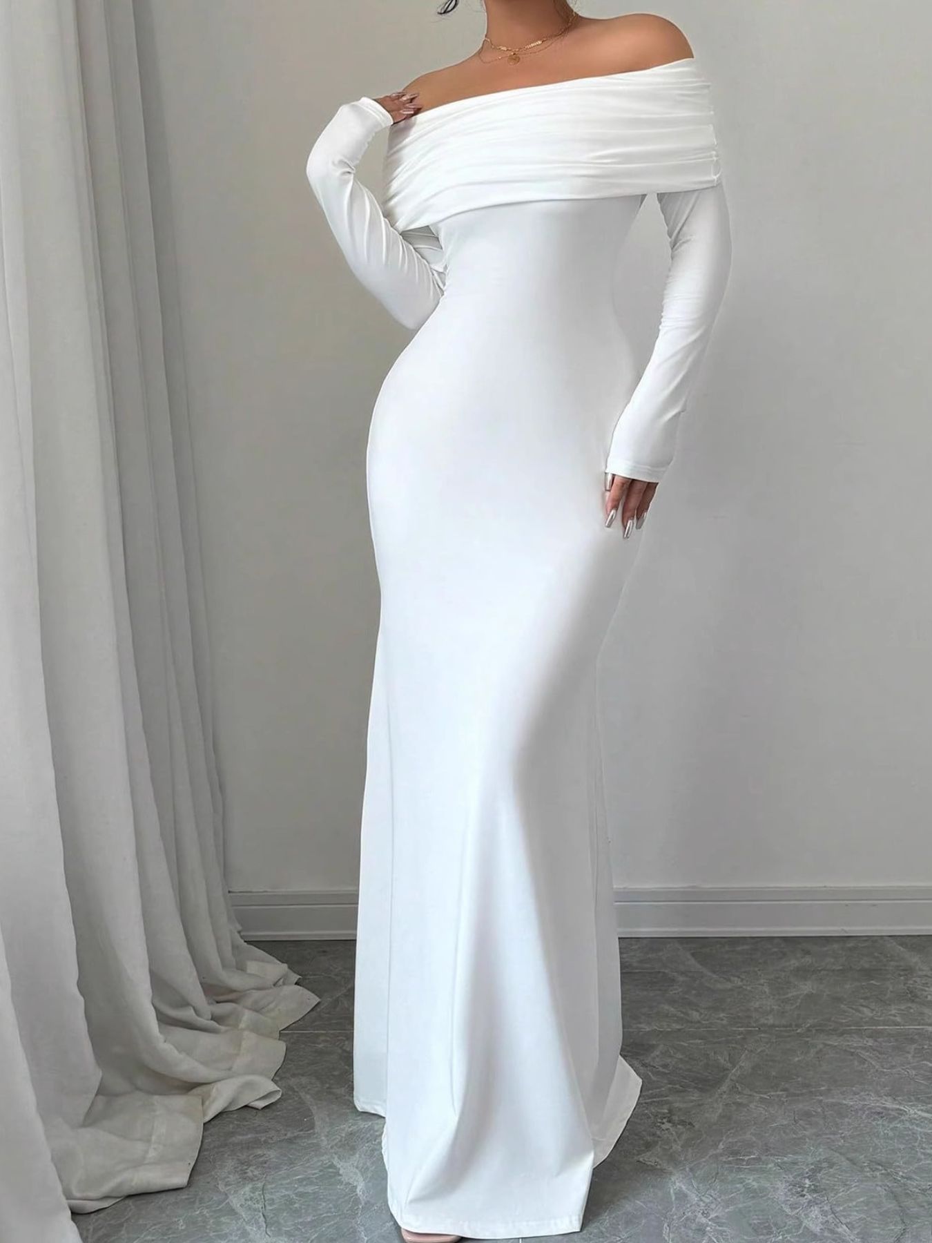 Off-Shoulder Ruched Bodycon Maxi Dress - White / 2XL