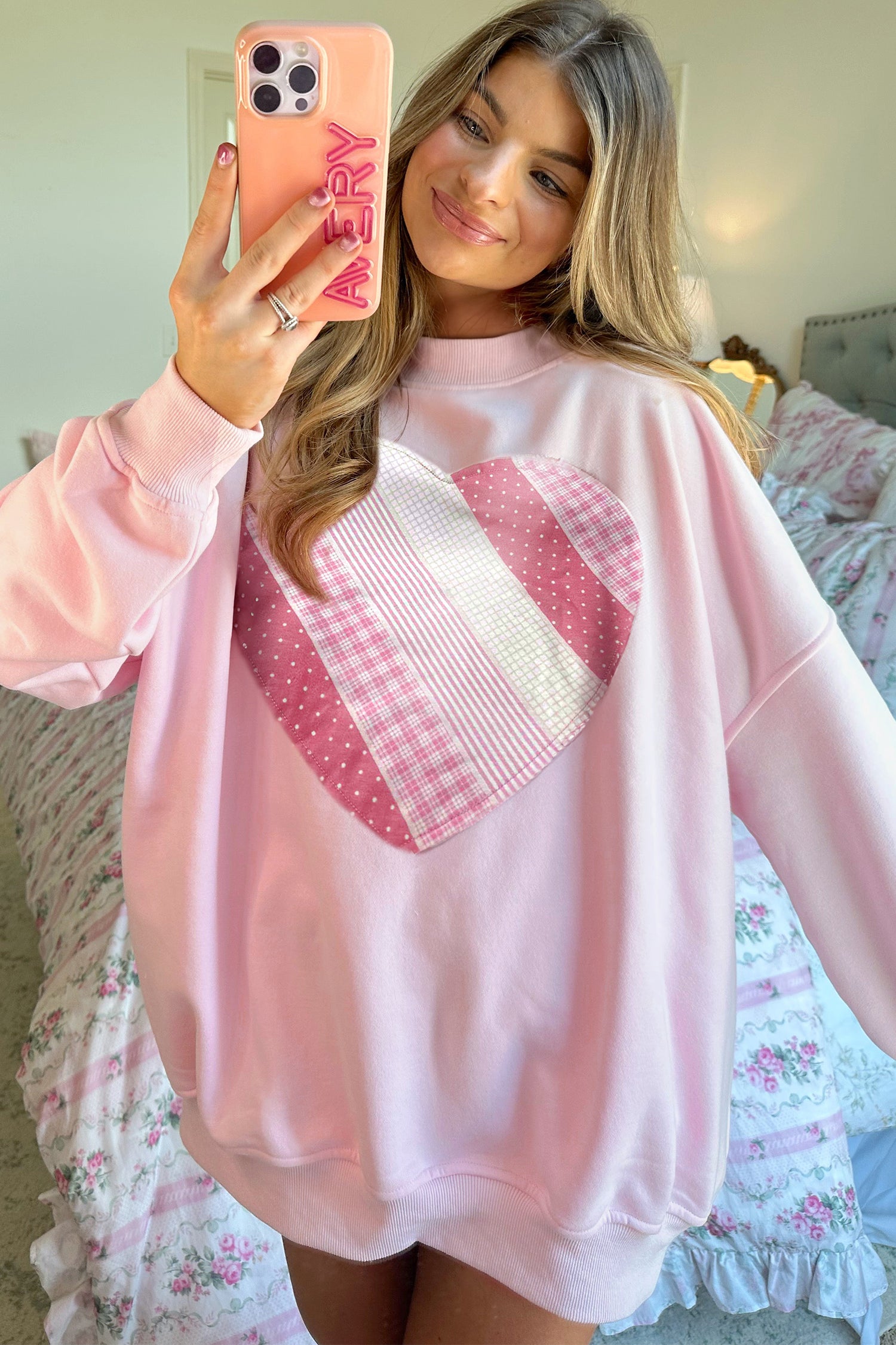 Light Pink Sweetheart Patchwork Oversize Sweatshirt-Tops/Sweatshirts & Hoodies-[Adult]-[Female]-2022 Online Blue Zone Planet