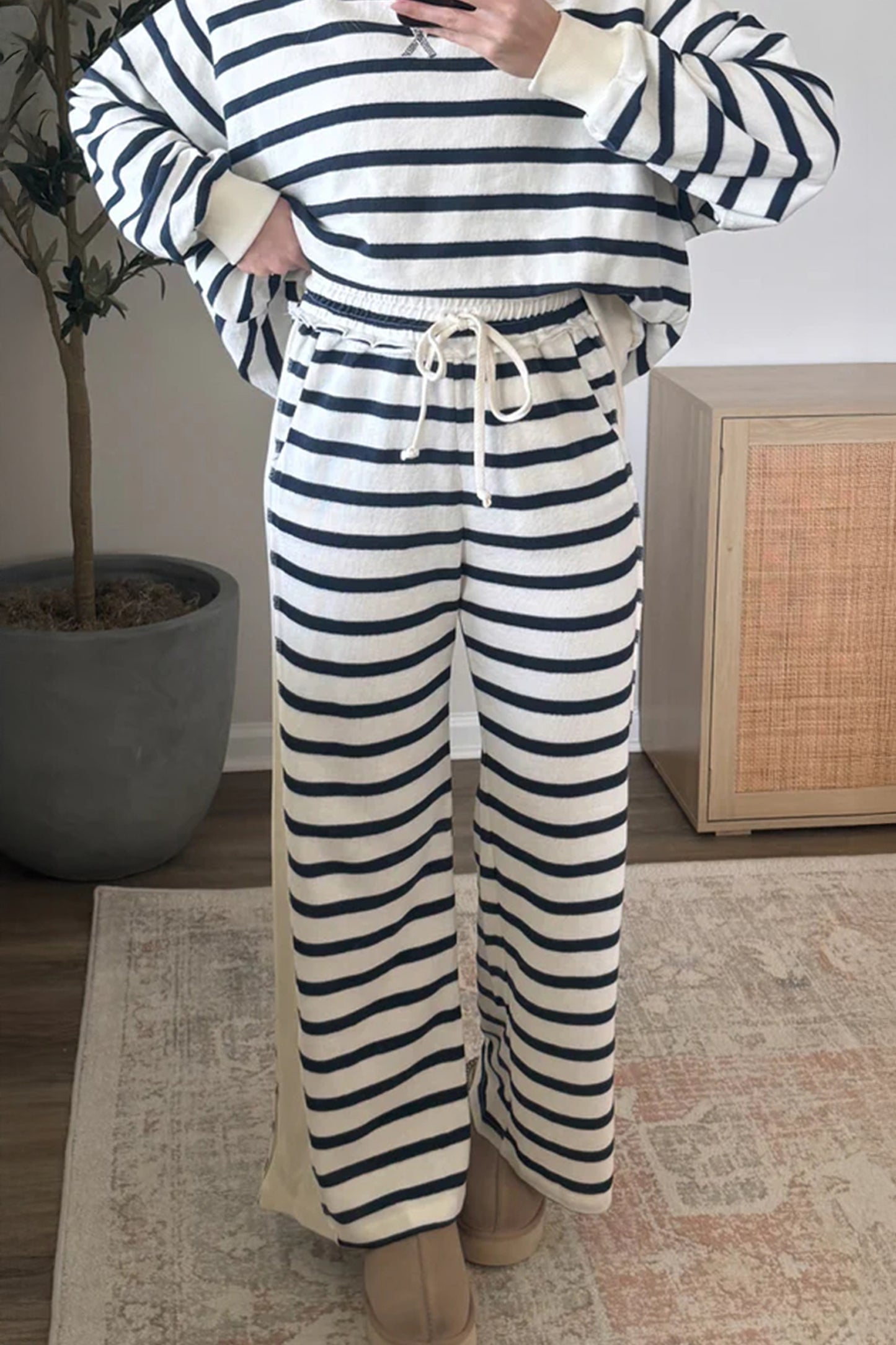 Blue Stripe Striped Ribbed Cuff Collar Pocket Loose Pant Set-Two Piece Sets/Pant Sets-[Adult]-[Female]-2022 Online Blue Zone Planet