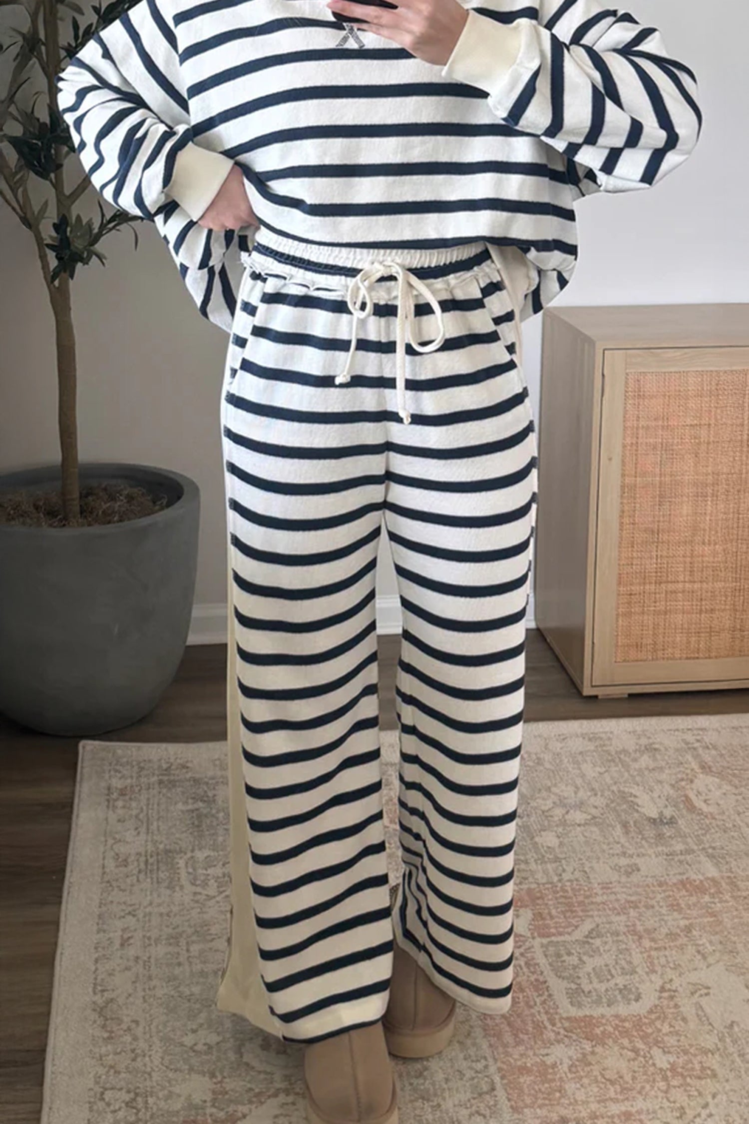 Blue Stripe Striped Ribbed Cuff Collar Pocket Loose Pant Set-Two Piece Sets/Pant Sets-[Adult]-[Female]-2022 Online Blue Zone Planet