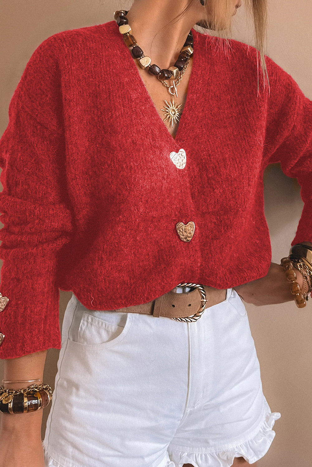 Fiery Red Heart Metal Button V Neck Cardigan Sweater-TOPS / DRESSES-[Adult]-[Female]-Fiery Red-S-2022 Online Blue Zone Planet