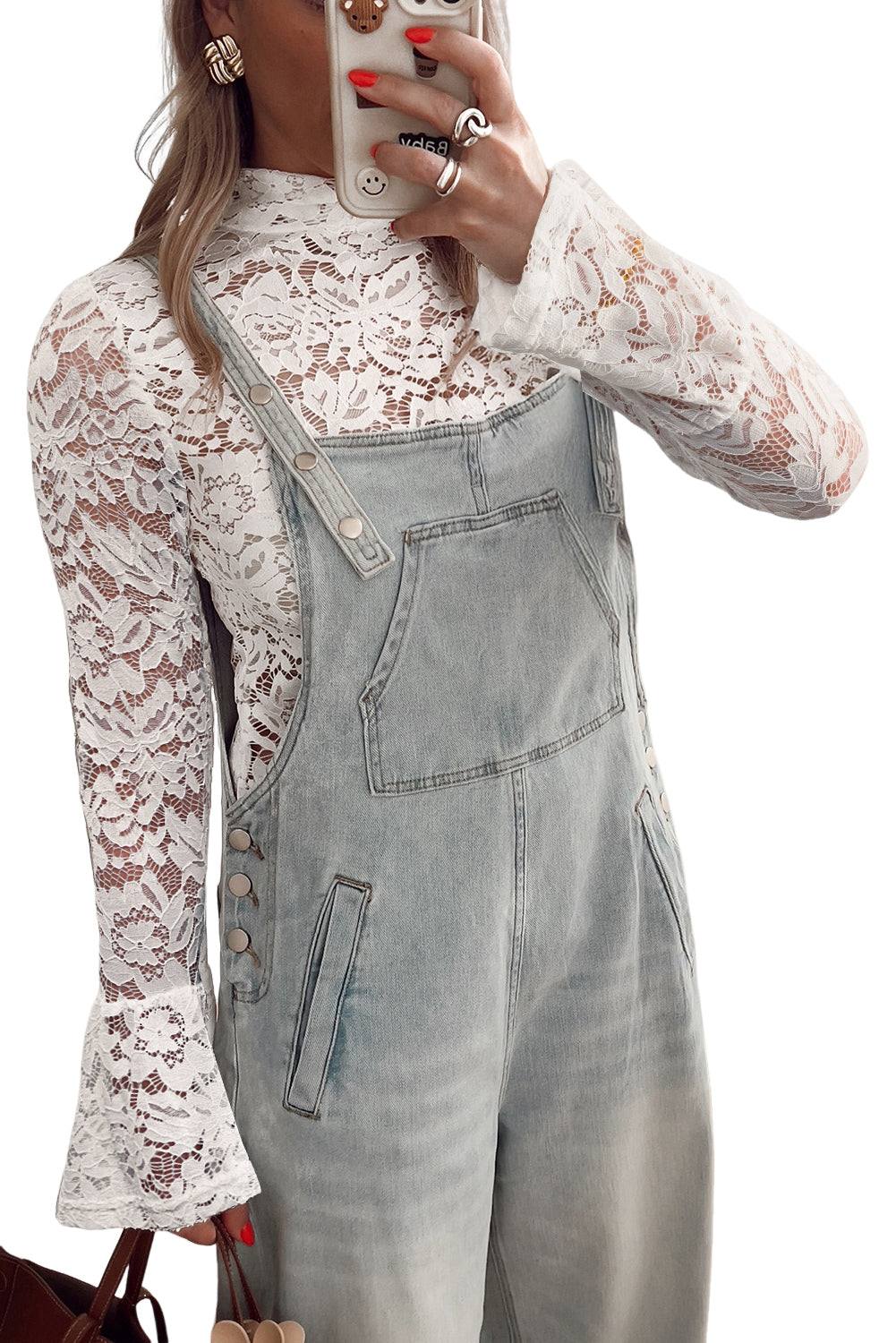 White Lace Crochet Bell Sleeve Mock Neck Blouse-Tops/Blouses & Shirts-[Adult]-[Female]-2022 Online Blue Zone Planet