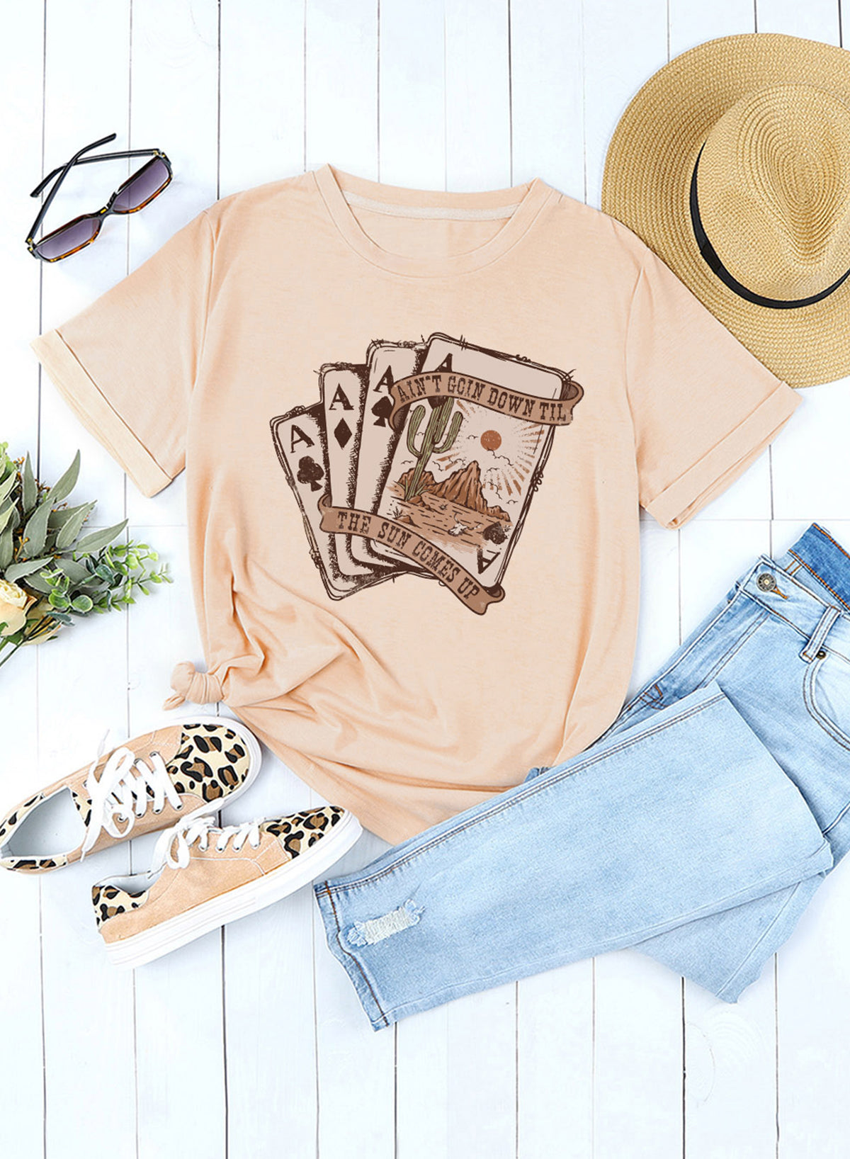 Khaki Western Poker Cards Graphic T Shirt-Graphic/Graphic Tees-[Adult]-[Female]-2022 Online Blue Zone Planet