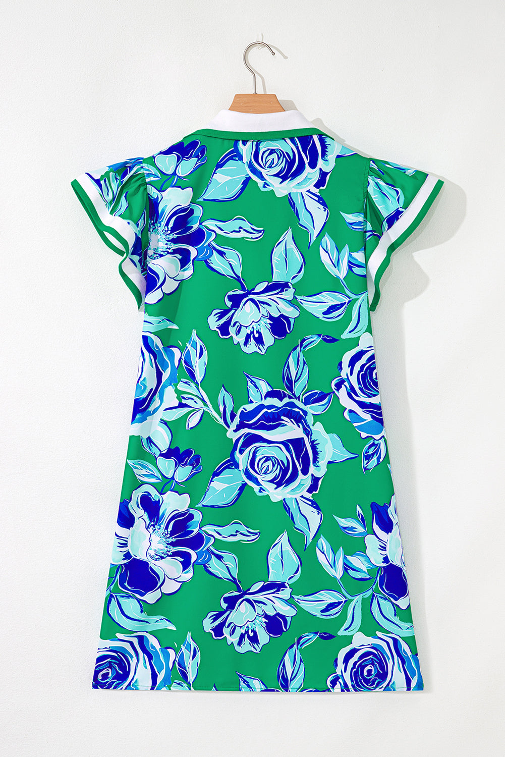 Bright Green Contrast Floral Print Collared V Neckline Ruffled Cap Sleeve Shift Dress With Pockets-TOPS / DRESSES-[Adult]-[Female]-2022 Online Blue Zone Planet