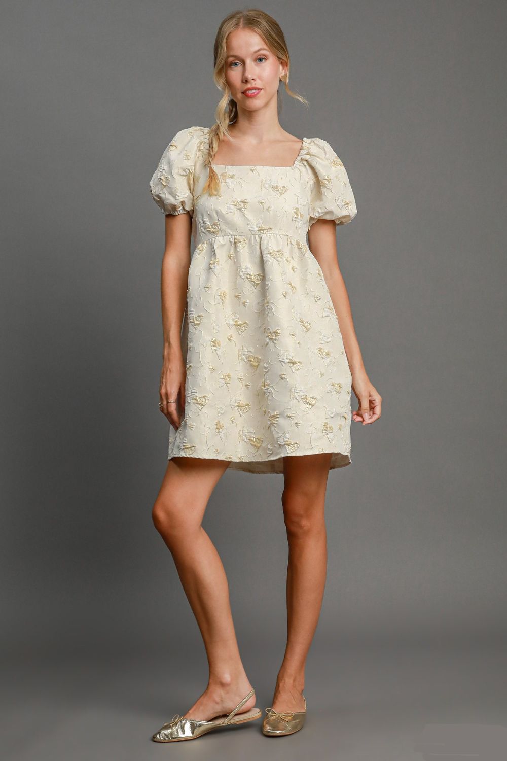 Umgee Heart Jacquard Square Neck Puff Sleeve Mini Dress-TOPS / DRESSES-[Adult]-[Female]-Cream-S-2022 Online Blue Zone Planet