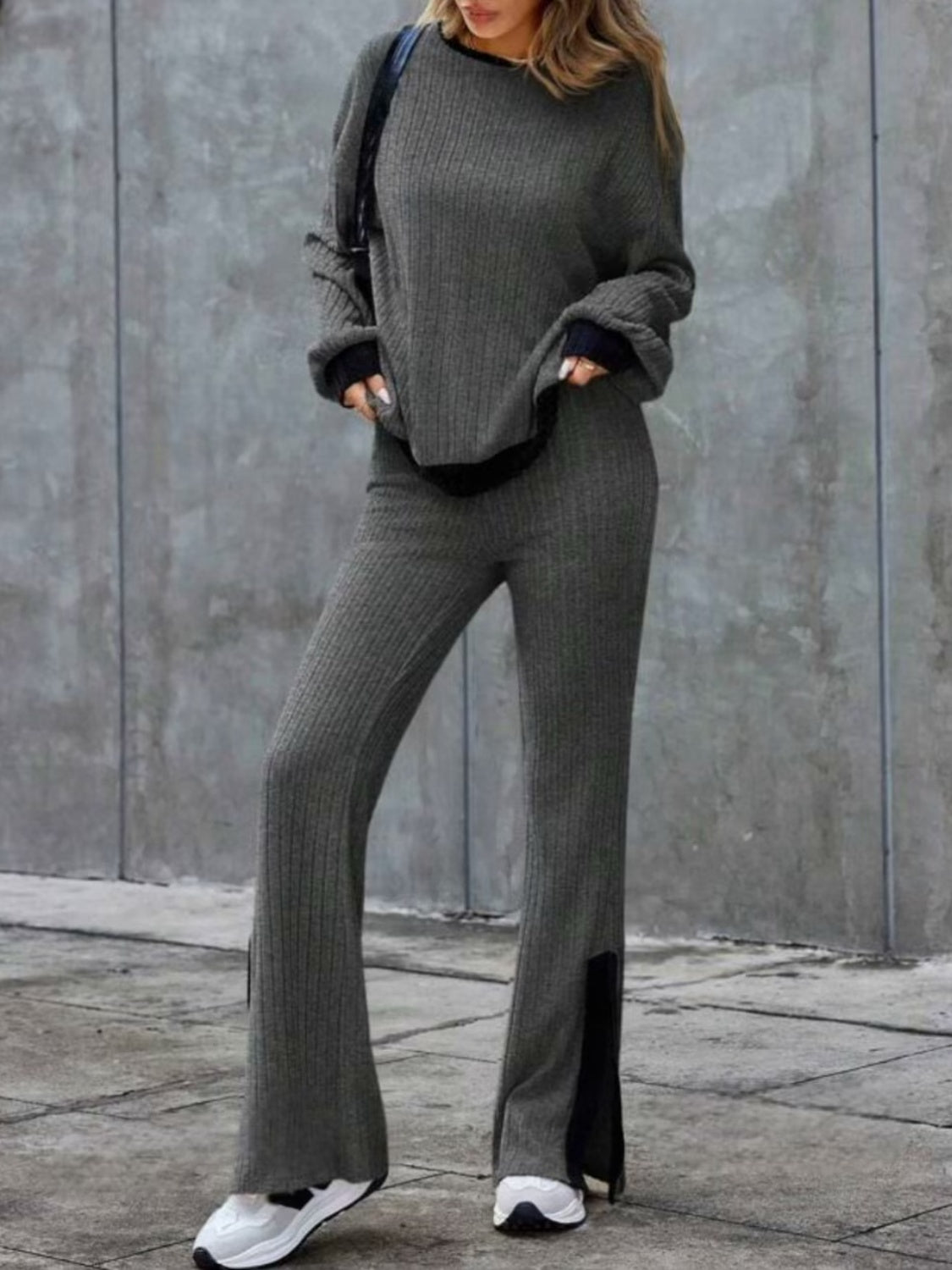 Contrast Round Neck Long Sleeve Top and Bootcut Pants Set-TOPS / DRESSES-[Adult]-[Female]-Gray-S-2022 Online Blue Zone Planet