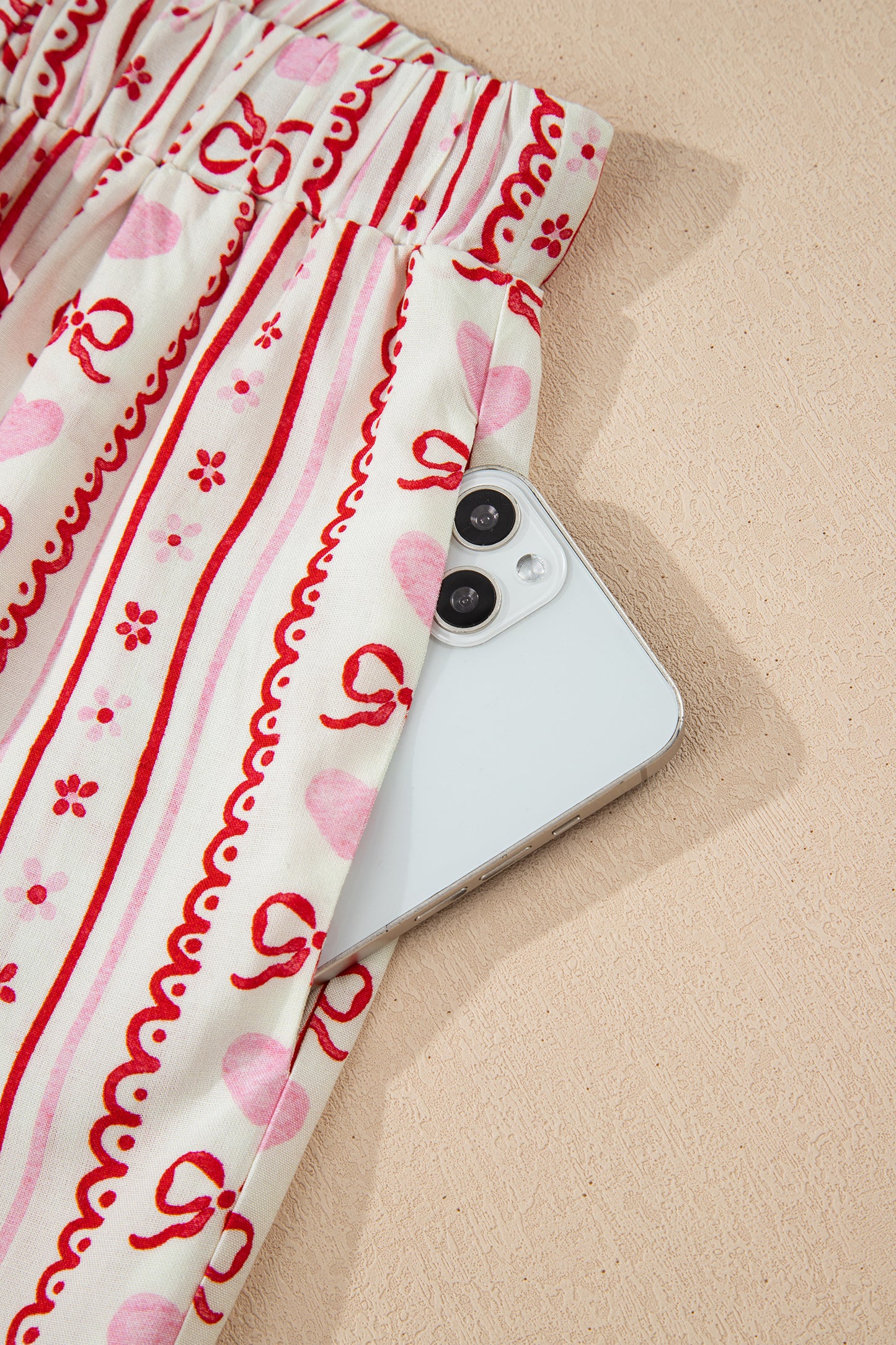 Red Sweet Floral Heart Bow Print Contrast Trim Long Sleeve Shirt Pajama Short Set-Loungewear & Sleepwear/Sleepwear-[Adult]-[Female]-2022 Online Blue Zone Planet