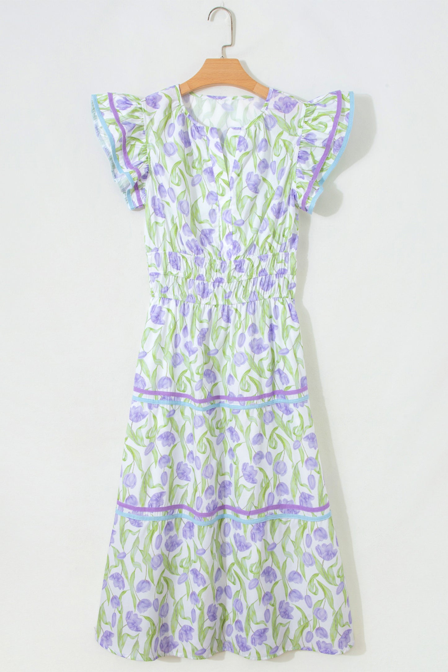 Purple Tulip Floral Print Contrast Trim Midi Dress-TOPS / DRESSES-[Adult]-[Female]-2022 Online Blue Zone Planet
