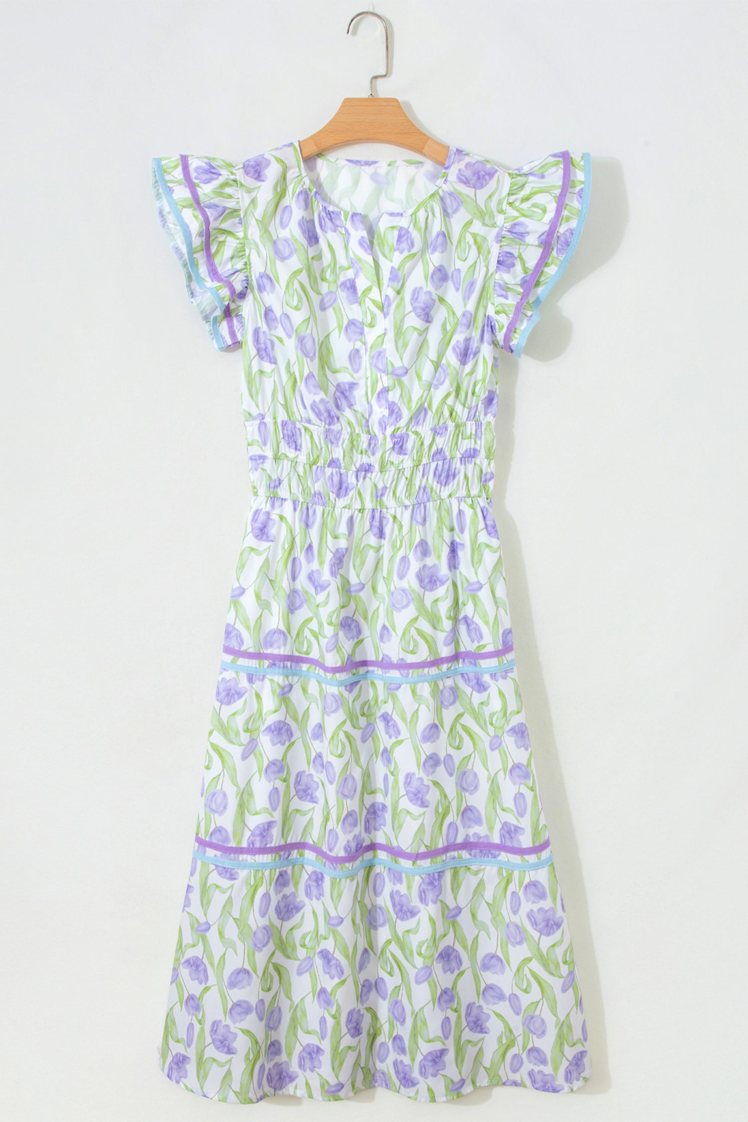 Purple Tulip Floral Print Contrast Trim Midi Dress-TOPS / DRESSES-[Adult]-[Female]-2022 Online Blue Zone Planet