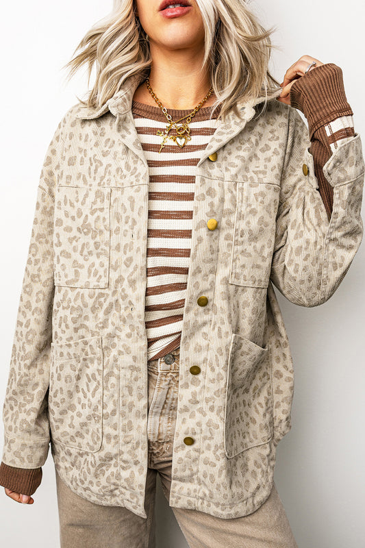 Khaki Leopard Print Corduroy Shirt Collar Long Sleeve Regular Fit Jacket-Outerwear/Jackets-[Adult]-[Female]-Khaki-S-2022 Online Blue Zone Planet