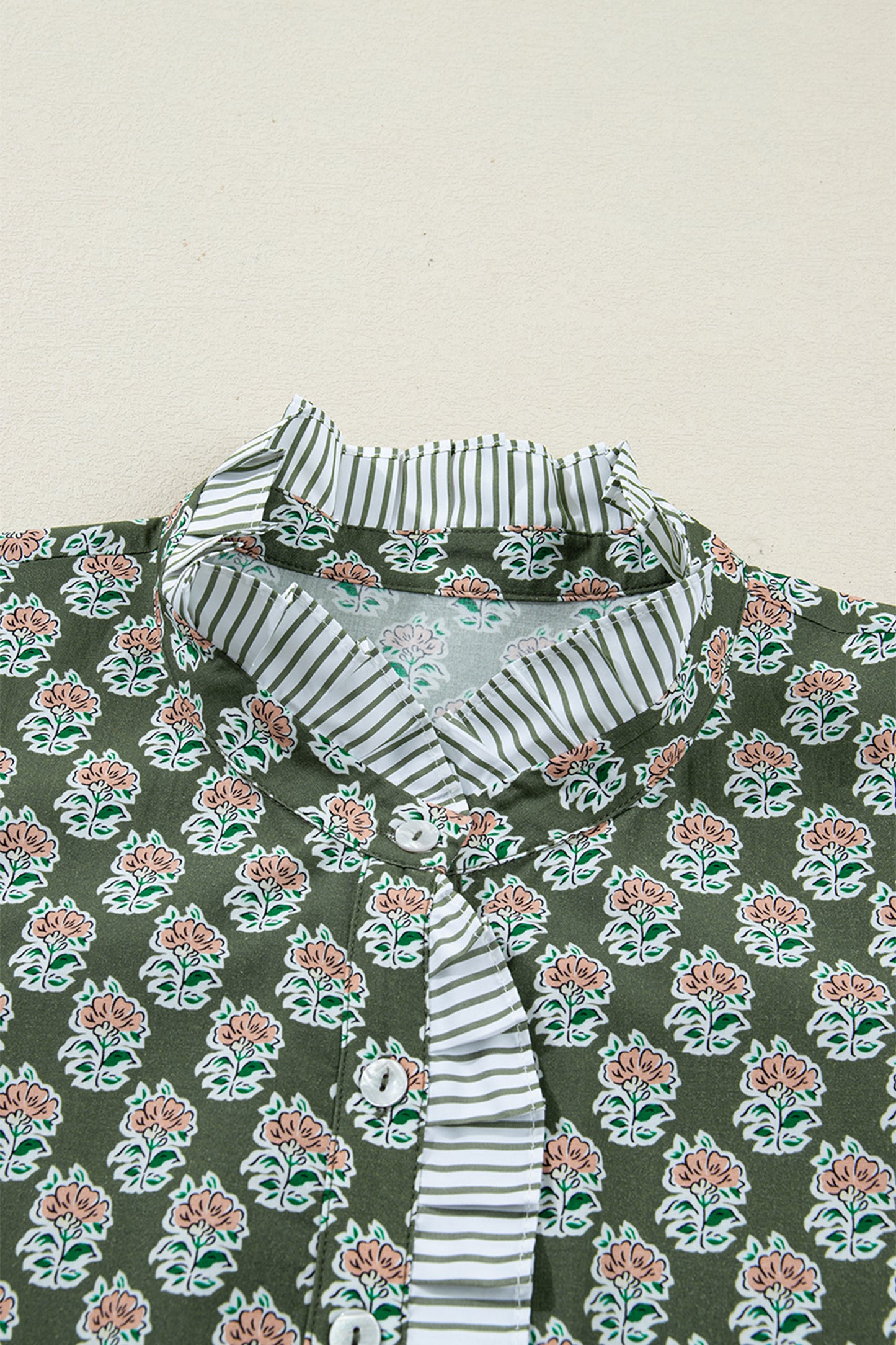 Green Contrast Striped Frilled Collar 3/4 Sleeve Plus Size Floral Dress-TOPS / DRESSES-[Adult]-[Female]-2022 Online Blue Zone Planet