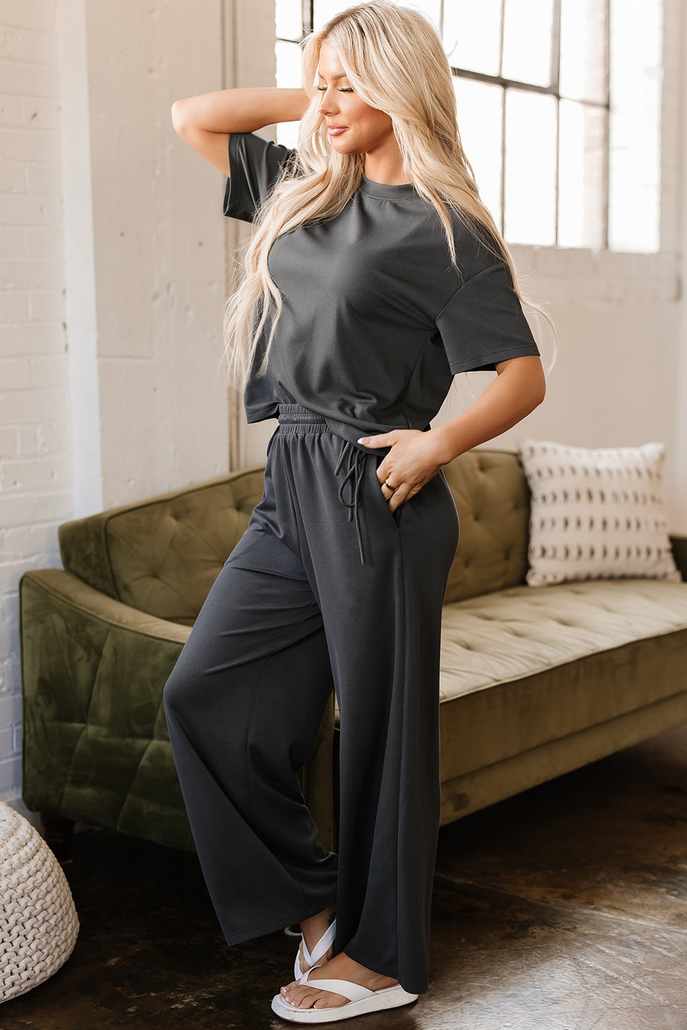 Dark Grey Drawstring Side Crewneck Tee and Loose Pants Set-Two Piece Sets/Pant Sets-[Adult]-[Female]-2022 Online Blue Zone Planet